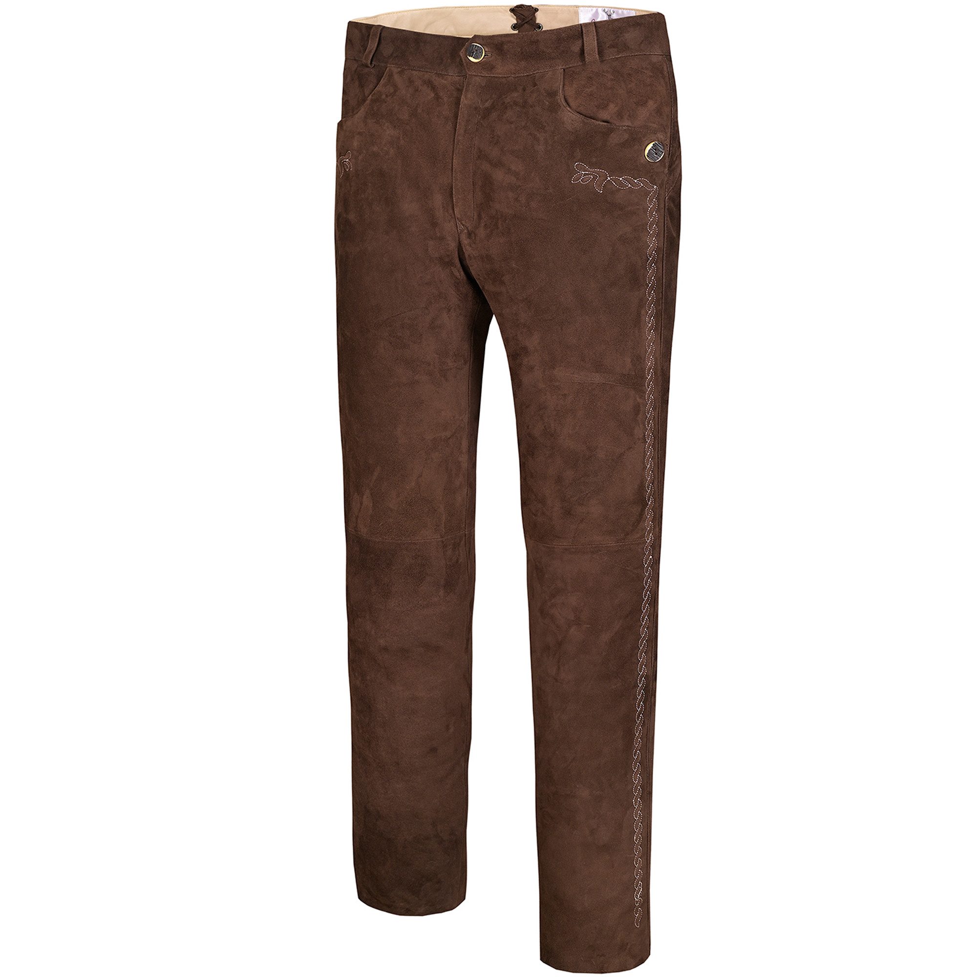 German Wear Trachtenlederhose GW850 Lange Trachten Lederhose Hosen aus Ziegenvelour mit Zopfstickerei