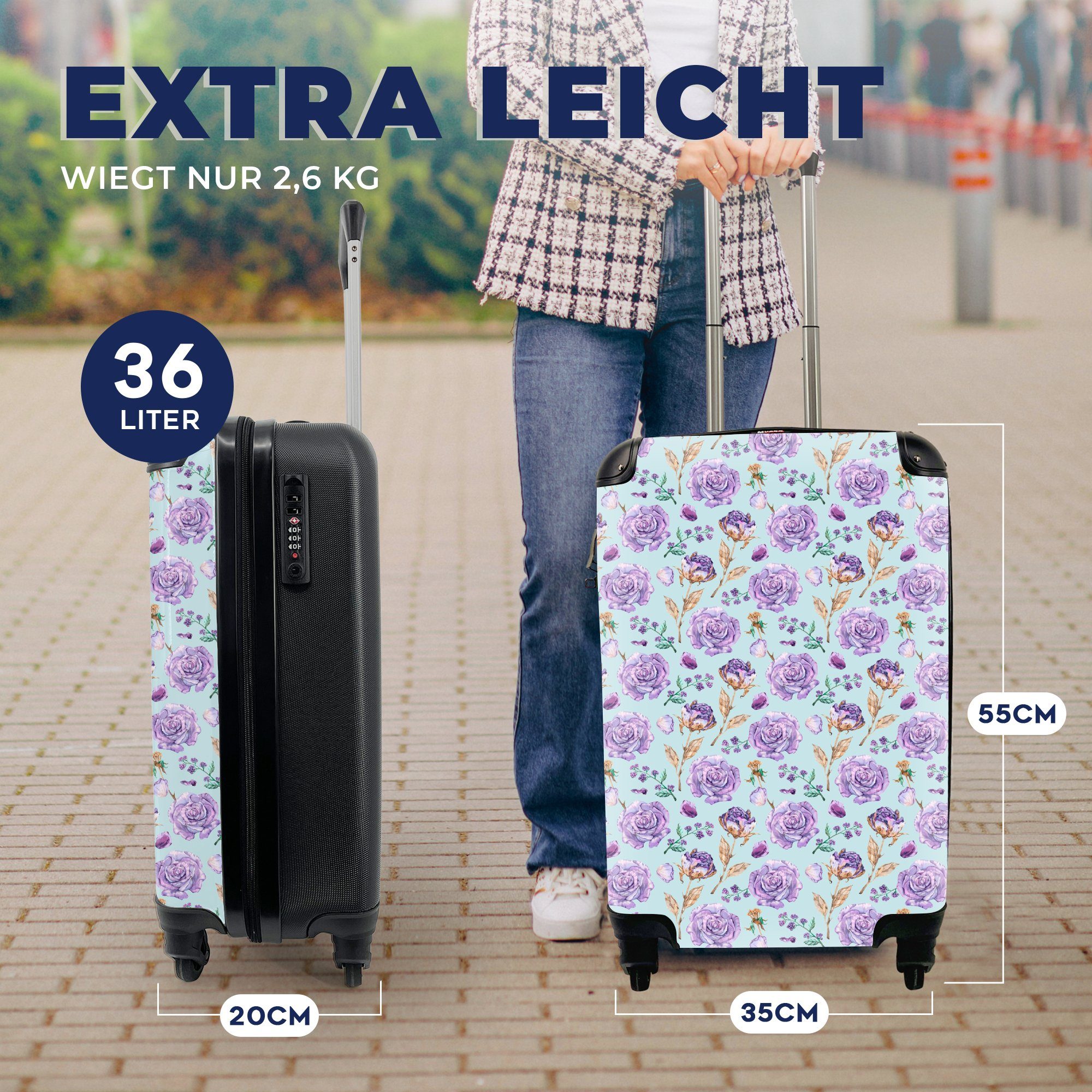 mit Muster Rosen, rollen, Handgepäck Reisekoffer Rollen, Reisetasche - Ferien, Blumen Handgepäckkoffer 4 MuchoWow für Trolley, -