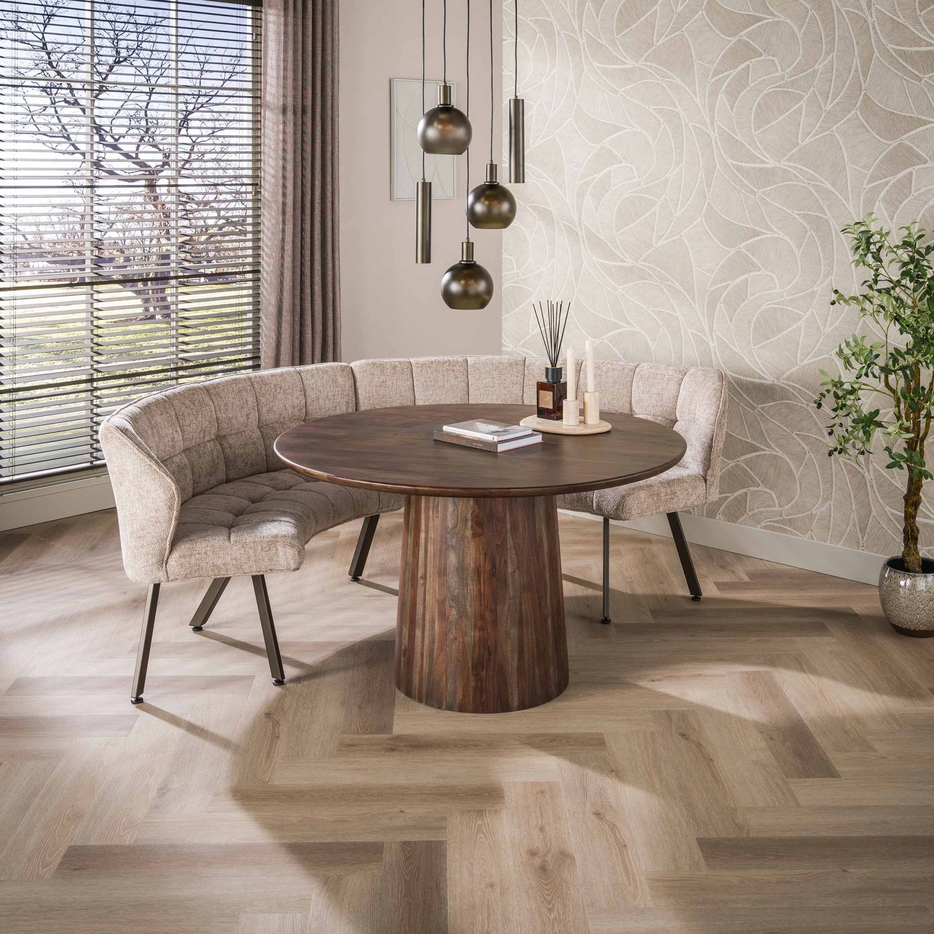 Vintagehaus Sitzbank Esstischbank Polsterbank Raster Rund Strukturstoff Sand braune Beine