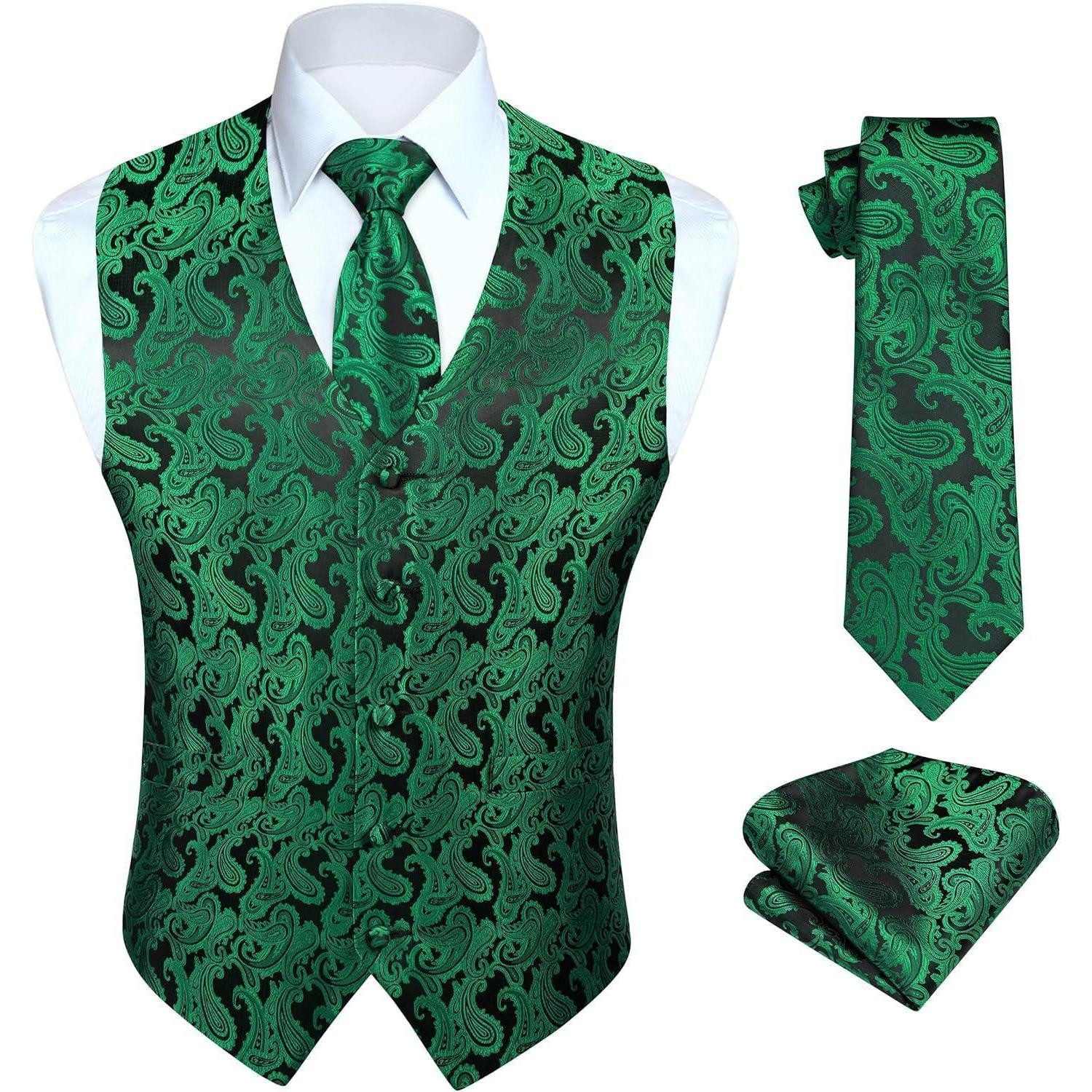 LuxusKollektion Krawatte Weste Set floral Hochzeit Krawatte Einstecktuch L Grün-2