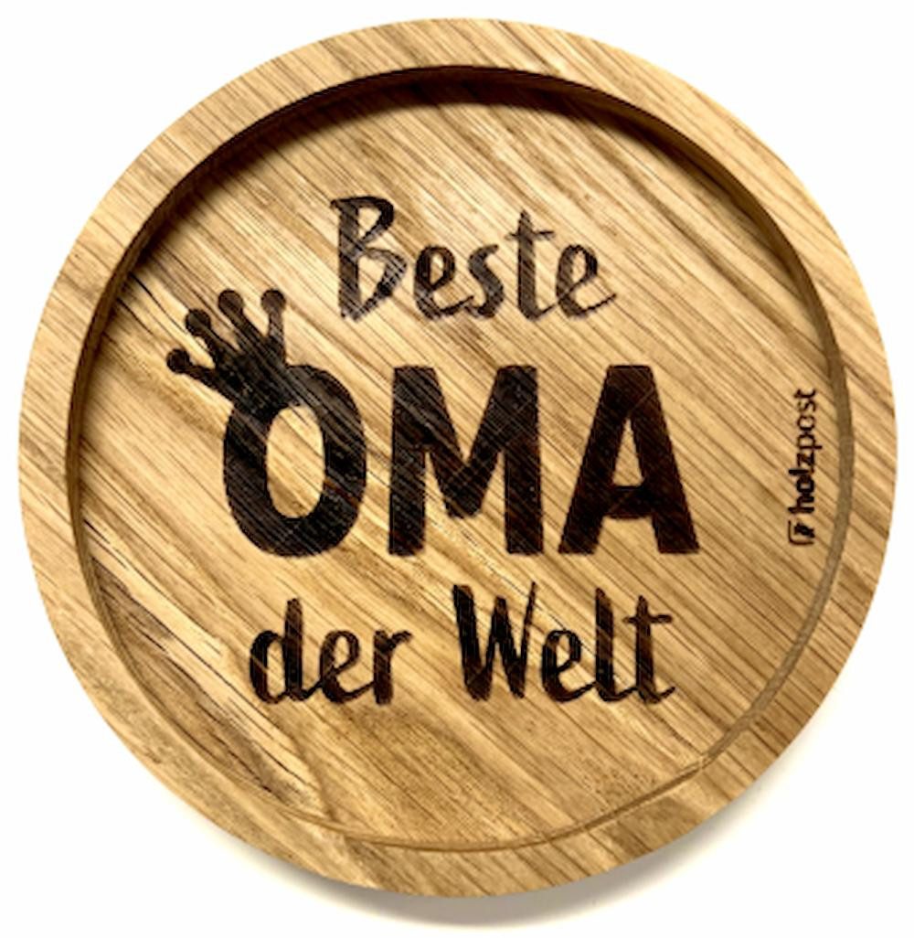 holzpost GmbH Getränkeuntersetzer Oma, 1-tlg., massives Eichenholz, Runde Einkerbung