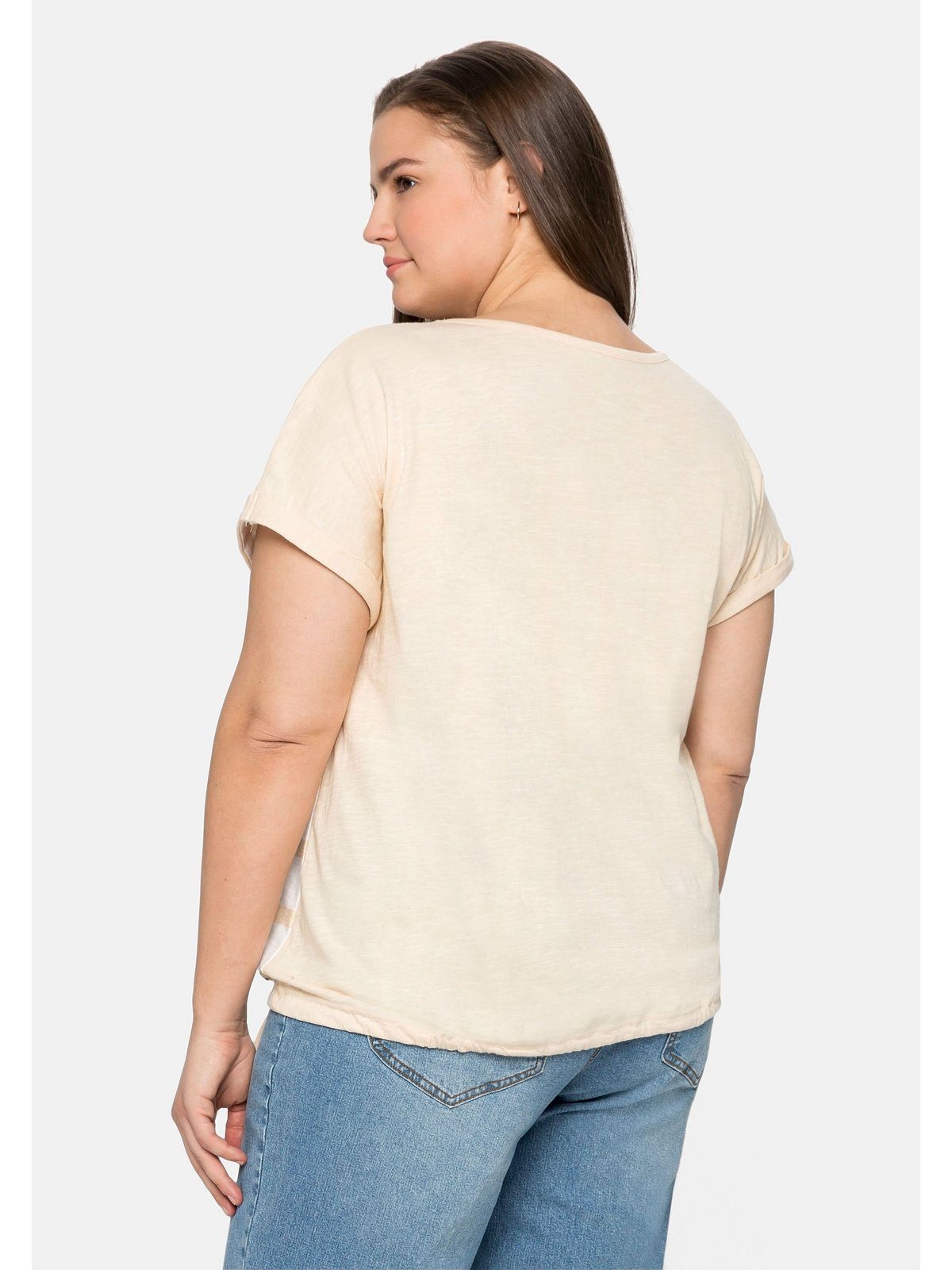 Sheego T-Shirt Große Größen mit Streifenprint und natur vorn Tunnelzug