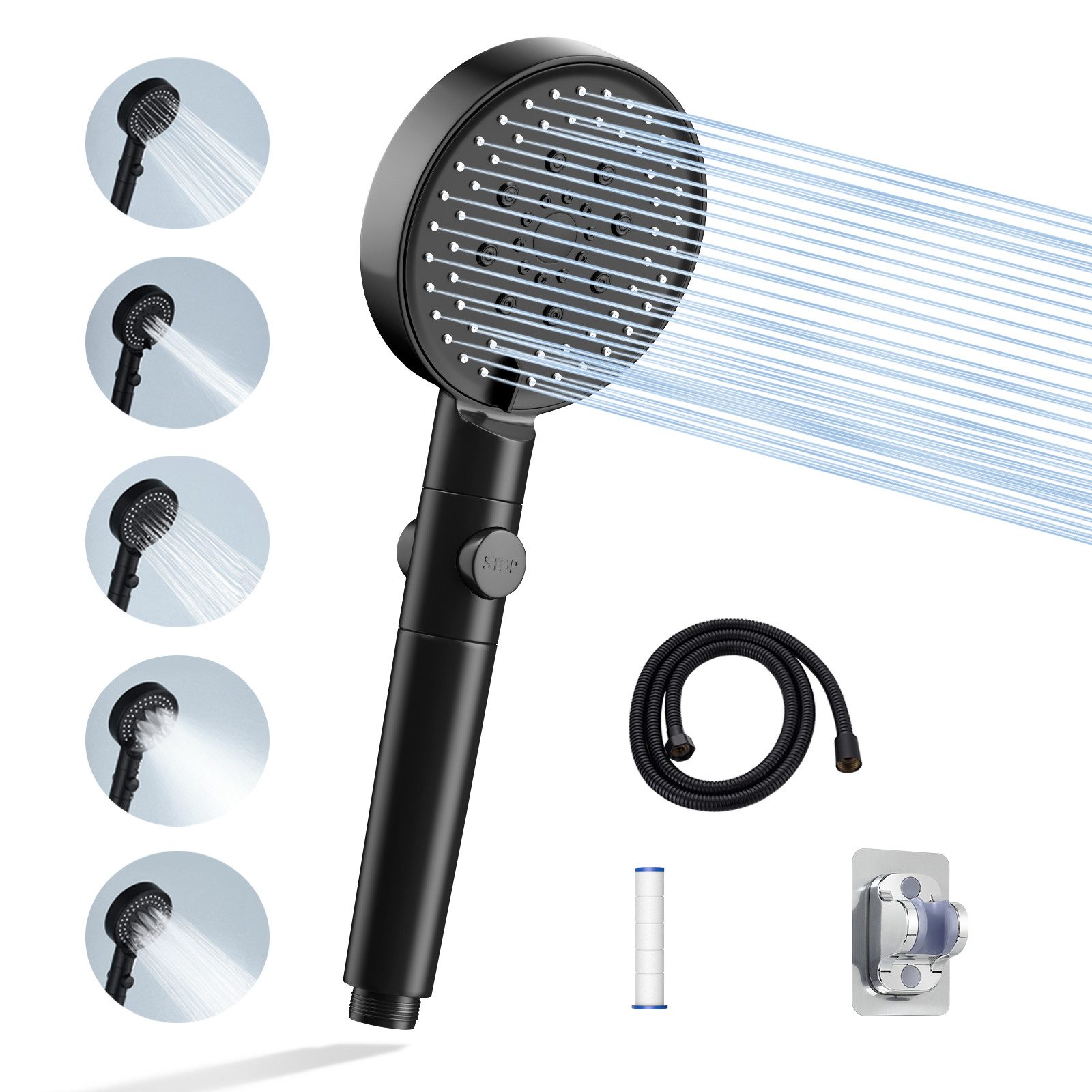 Handbrause Handburase 5 Strahlarten Wasserstop mit Schlauch Schwarz
