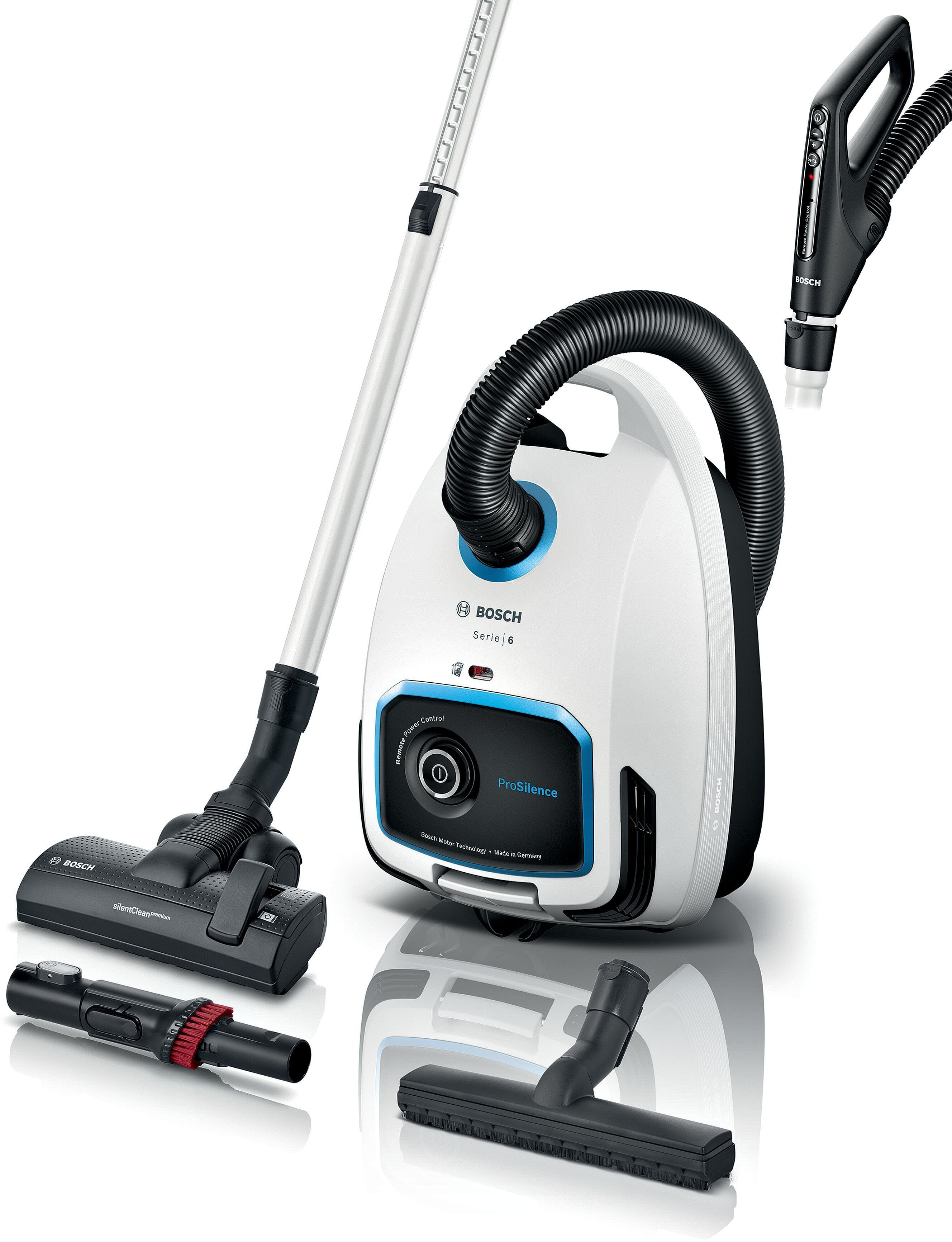 BOSCH Bodenstaubsauger Serie 6 ProSilence BGL6TSIL, Hygiene-Filter, 10 Jahre Motorgarantie, 700 W, mit Beutel, Leistungsregulierung am Handgriff, langes Kabel, extrem leise, weiß