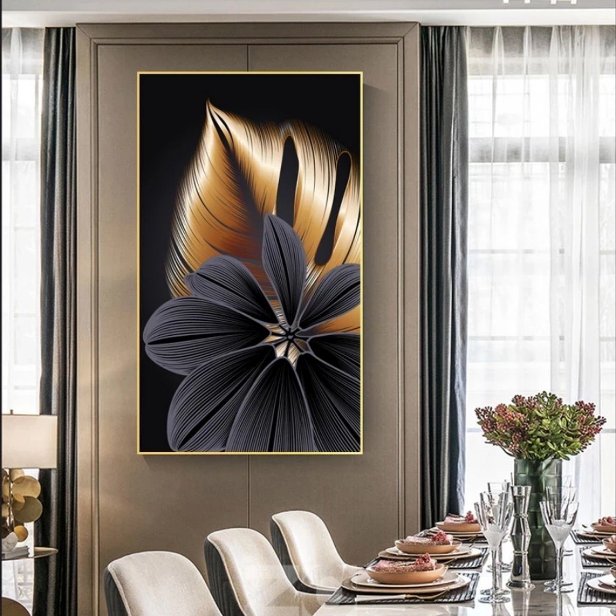 TPFLiving Kunstdruck (OHNE RAHMEN) Poster - Leinwand - Wandbild, Goldene und schwarze Blätter - (3 Motive und in 17 Größen zur Auswahl - Günstiges 3-er Set), Fa – Bild 2 von 5