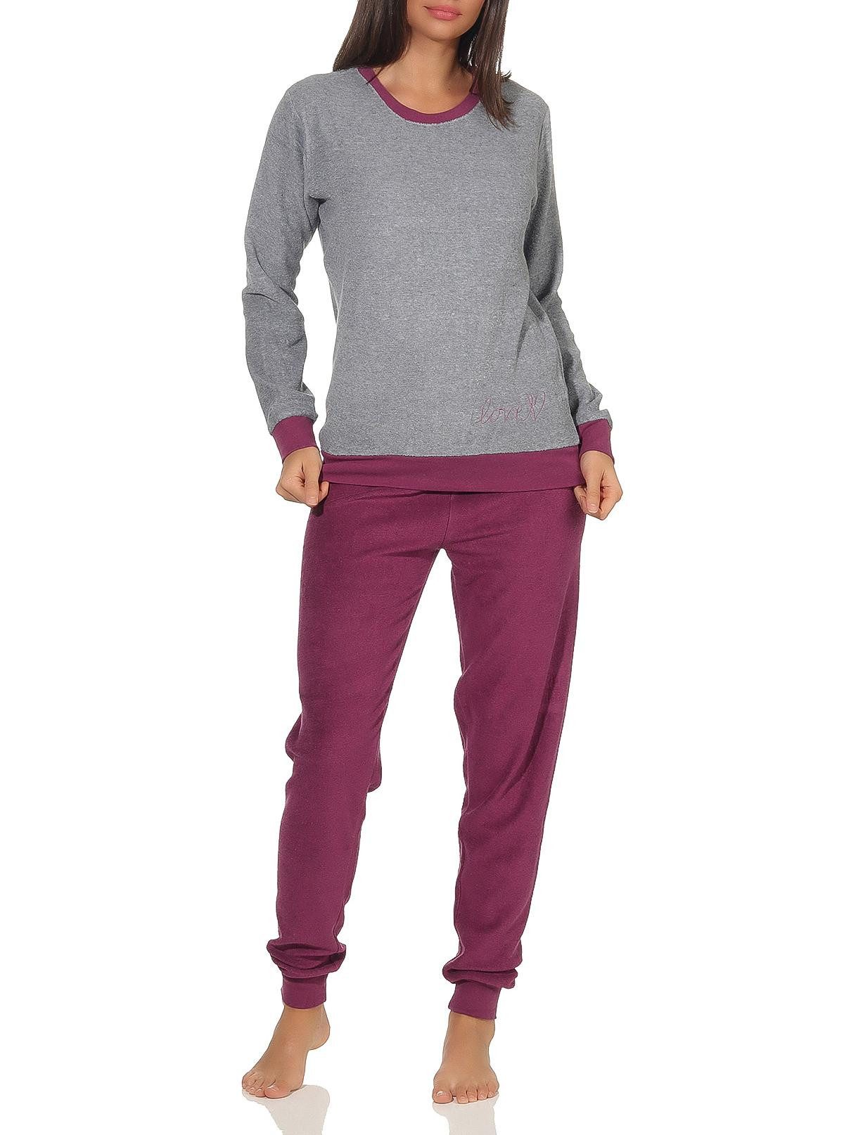Pyjama Damen langarm Frottee Schlafanzug mit Bündchen
