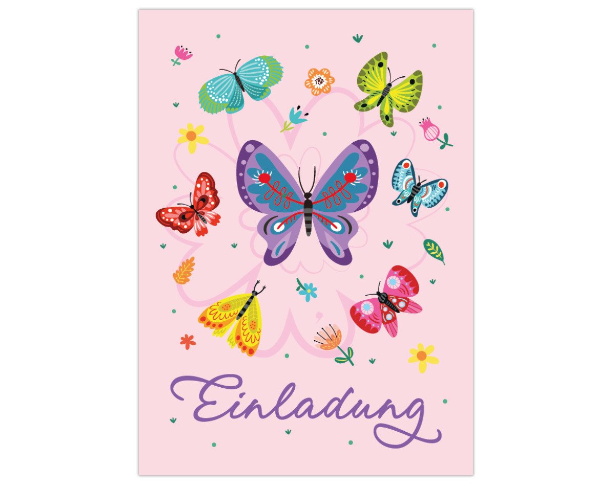 JUNAPACK Einladungskarten Schmetterling Einladungen zum Kindergeburtstag Blumen Mädchen Karten, Einladungskarten mit einem Schmetterling Motiv für Kinder