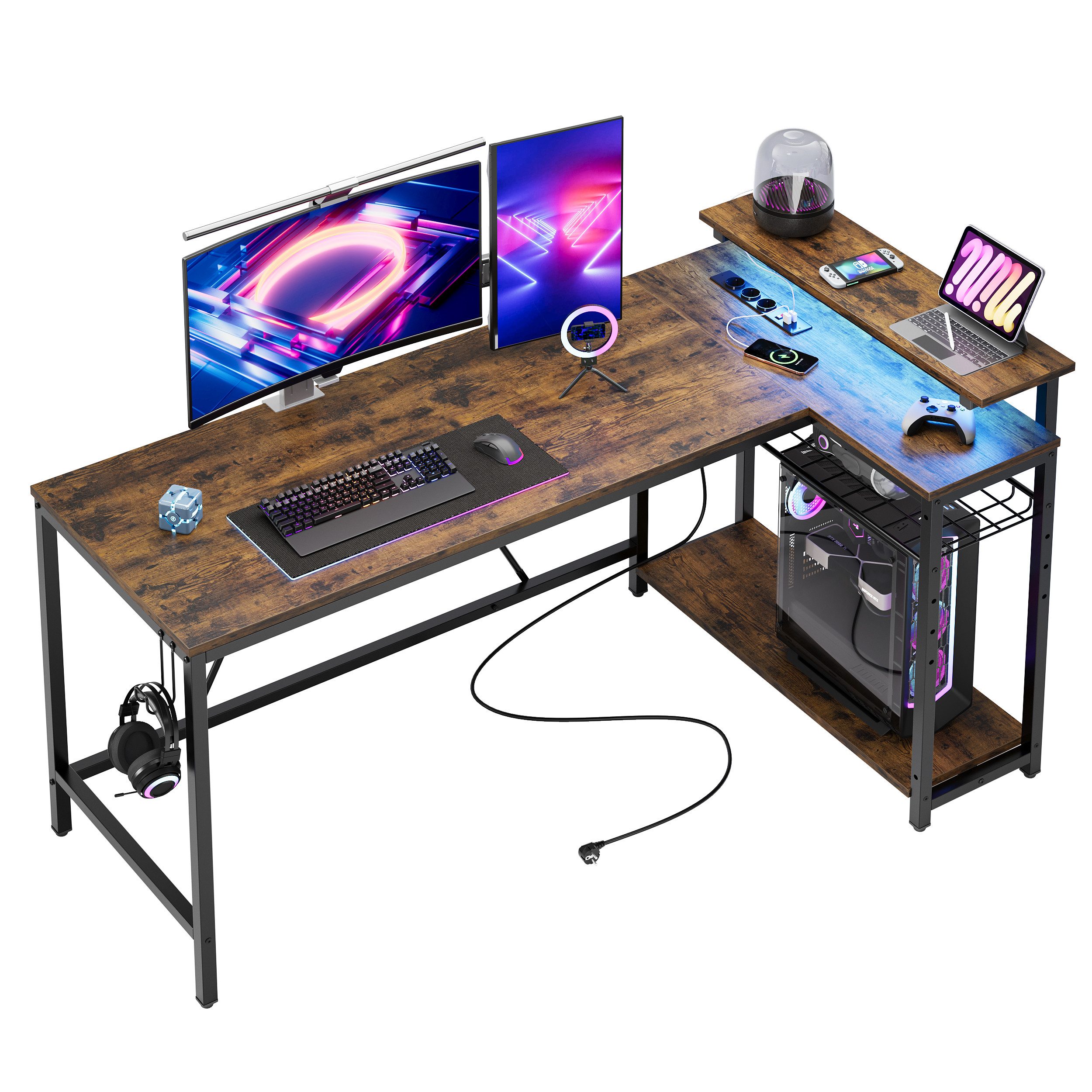 Bestier Gamingtisch Gaming-Schreibtisch L-Form mit LED, 106/133/147 × 50 cm Computertisch (147.5cm Eckschreibtisch mit 2 USB-Ladeanschlüsse und 3 AC-Steckdosen, 1 Tisch), L-Form Schreibtisch fürs Büro