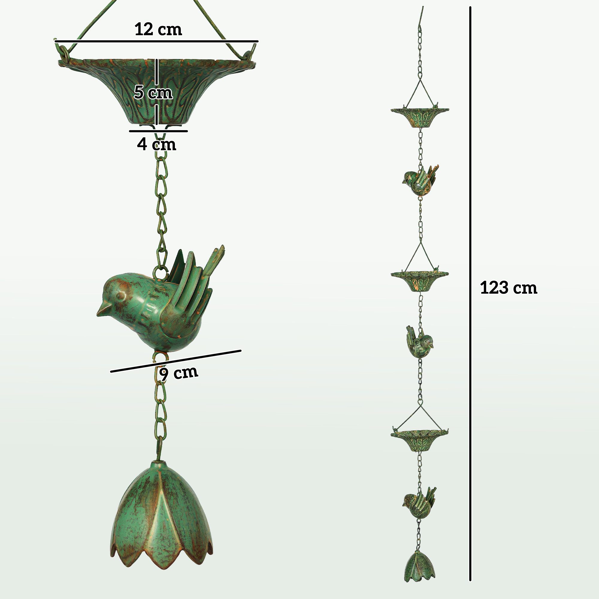 Outsunny Dekoobjekt 123cm lang (Regenketten, 3 St., Regenfänger), mit Vögeln, Blumenbechern, aus Metall, für Dachrinnen, Grün
