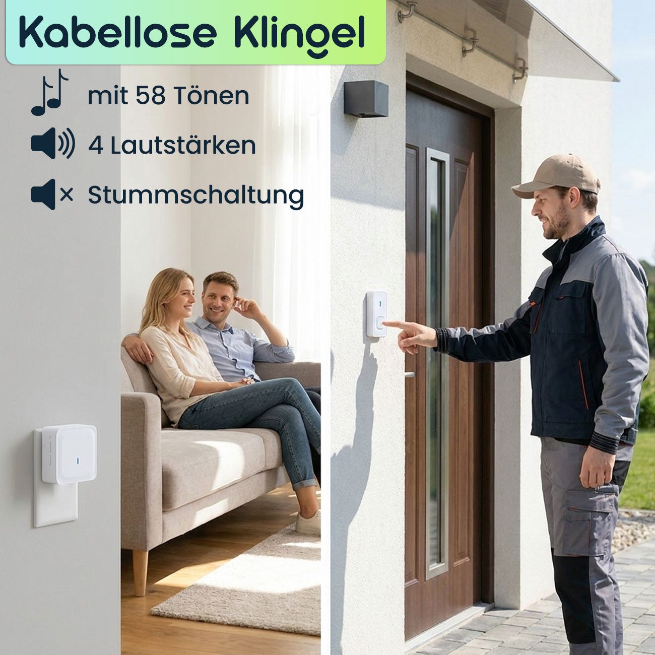 shop'n smile ideoon Türklingel Funk-Türklingel Set 150m Reichweite LED-Signal 58 Töne IP55, Funk Türklingel 150m LED Signal, 58 Töne, IP55 wetterfest, Steckdose