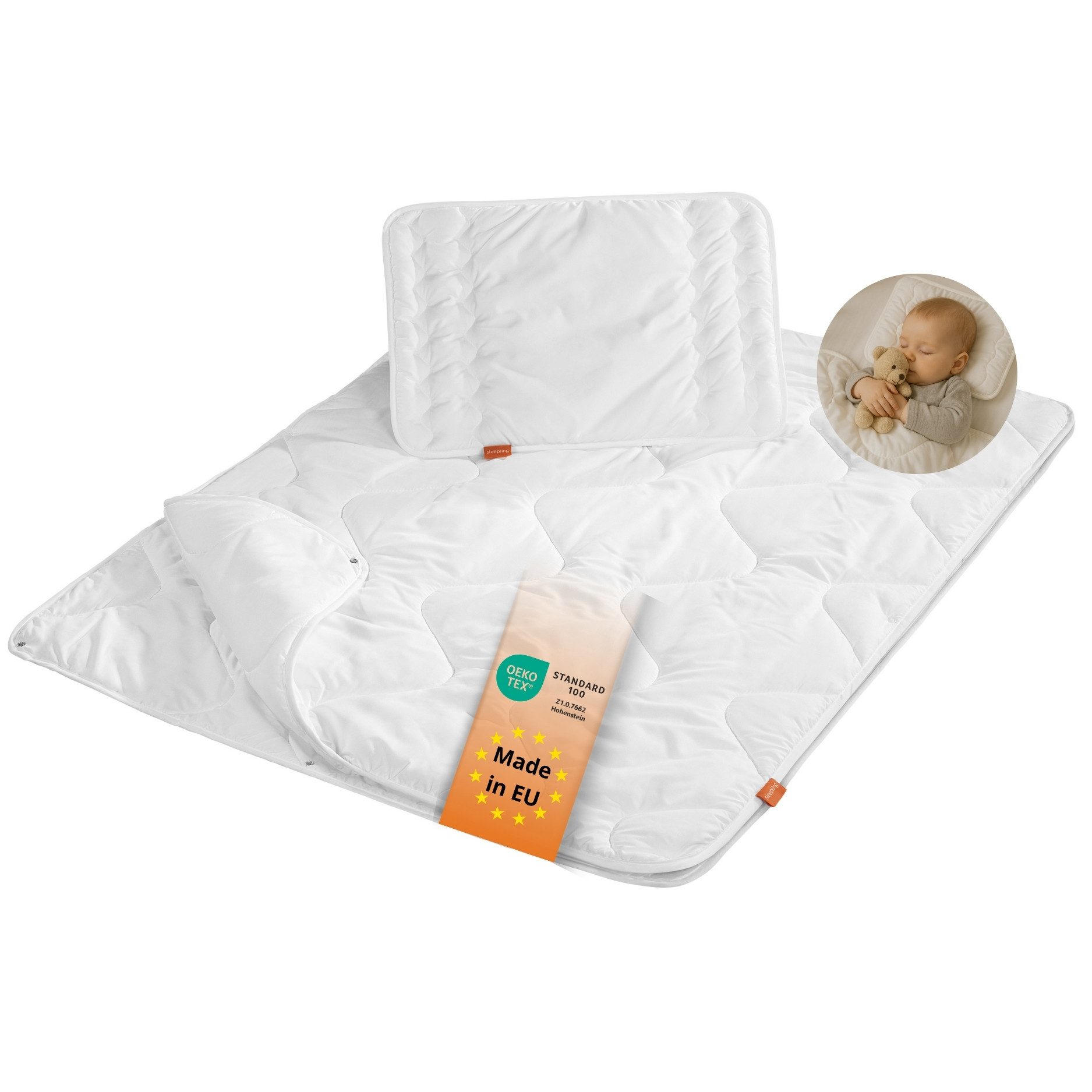 sleepling Kinderbettdecke + Microfaserkissen Babybetten Set, Bettdecke 100 x 135 cm und Kopfkissen 40 x 60 cm, Füllung: Kunstfaser, Bezug: 100% Polyester (Mikrofaser), hergestellt in der EU