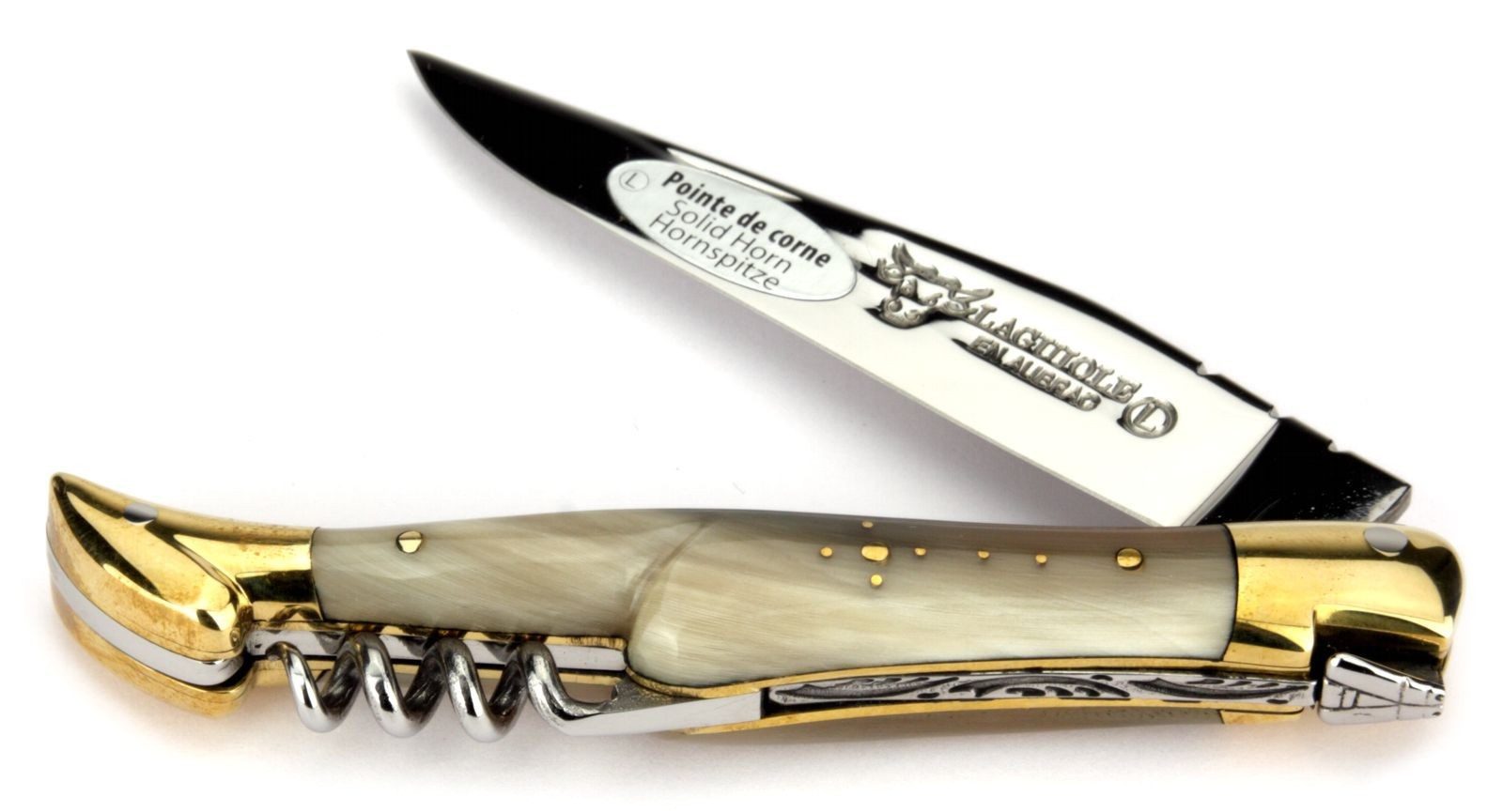 Laguiole en Aubrac Taschenmesser L0311PCLS, Griff 11cm Hornspitze - Korkenzieher - Backe Messing - Klinge glänzend