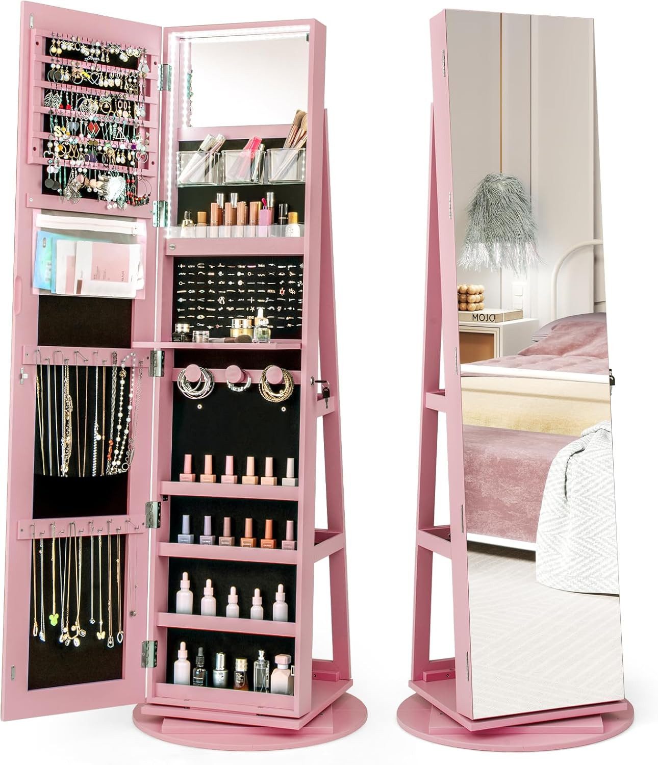 COSTWAY Schmuckschrank mit Ganzkörperspiegel & LED stehend, drehbar, abschl günstig online kaufen