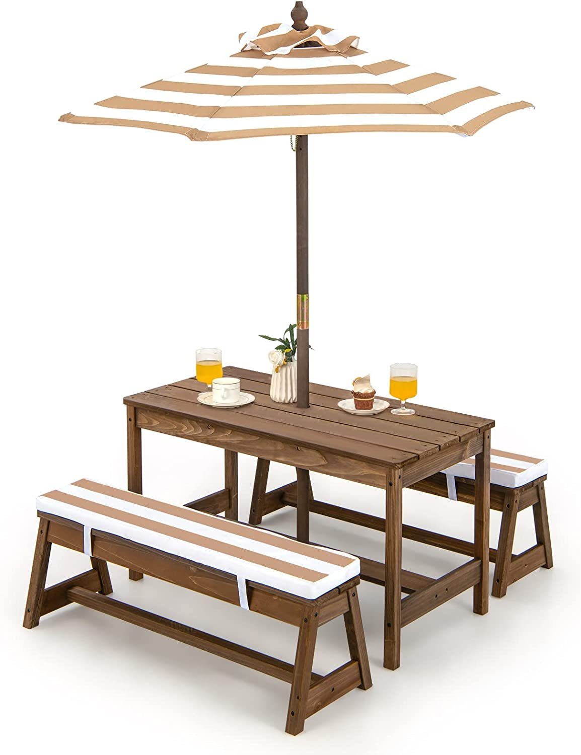 COSTWAY GartenKindersitzgruppe Picknicktisch, mit Sonnenschirm, aus Holz