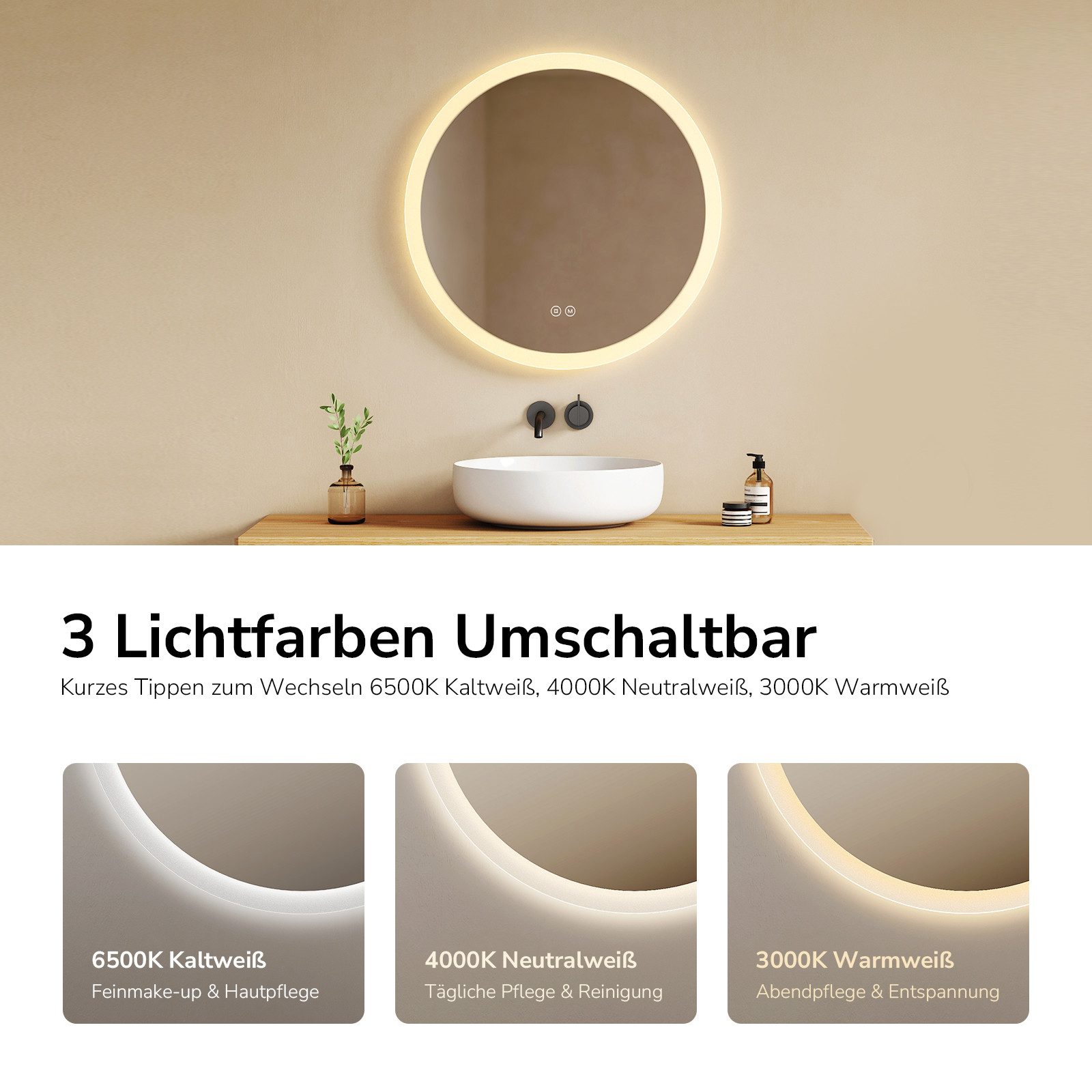 EMKE Badspiegel LED-Badspiegel rund mattierter Rahmen mit und 3 Lichtmodi Dimmbar (50-80 cm, Touchschalter), Antibeschlag, Memory-Funktion, 3 Lichtfarben, IP44, – Bild 4 von 5