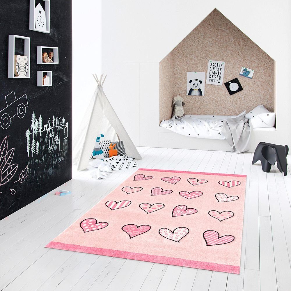 Kinderteppich Kids Wonderland Momo Herzen Höhe: rechteckig, 80X150 13 Jugendzimmer TaraCarpet, Kinderzimmerteppich cm Mädchen mm, Pink