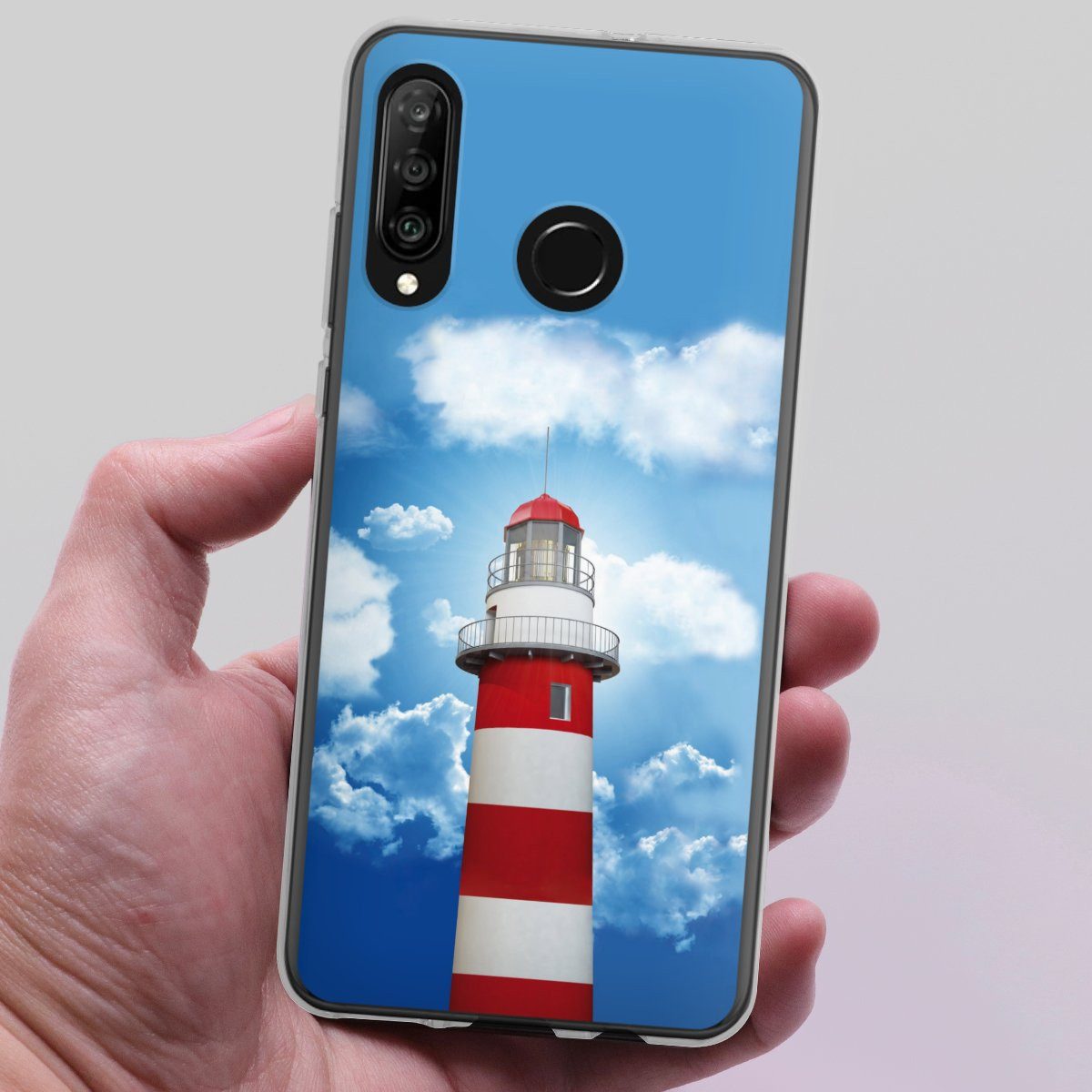 DeinDesign Handyhülle Leuchtturm Wolke Himmel Leuchtturm, Huawei P30 Lite Premium Silikon Hülle Bumper Case Handy Schutzhülle