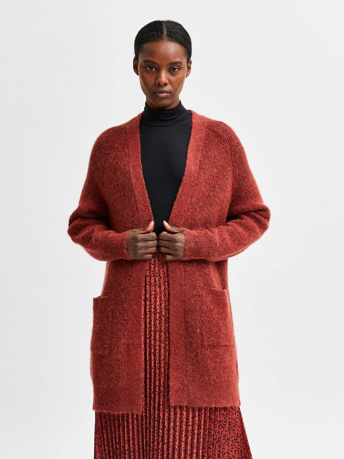 SELECTED FEMME Cardigan Lange Strickjacke mit Taschen Casual Cardigan Mantel SLFLULU (1-tlg) 3856 in Rot