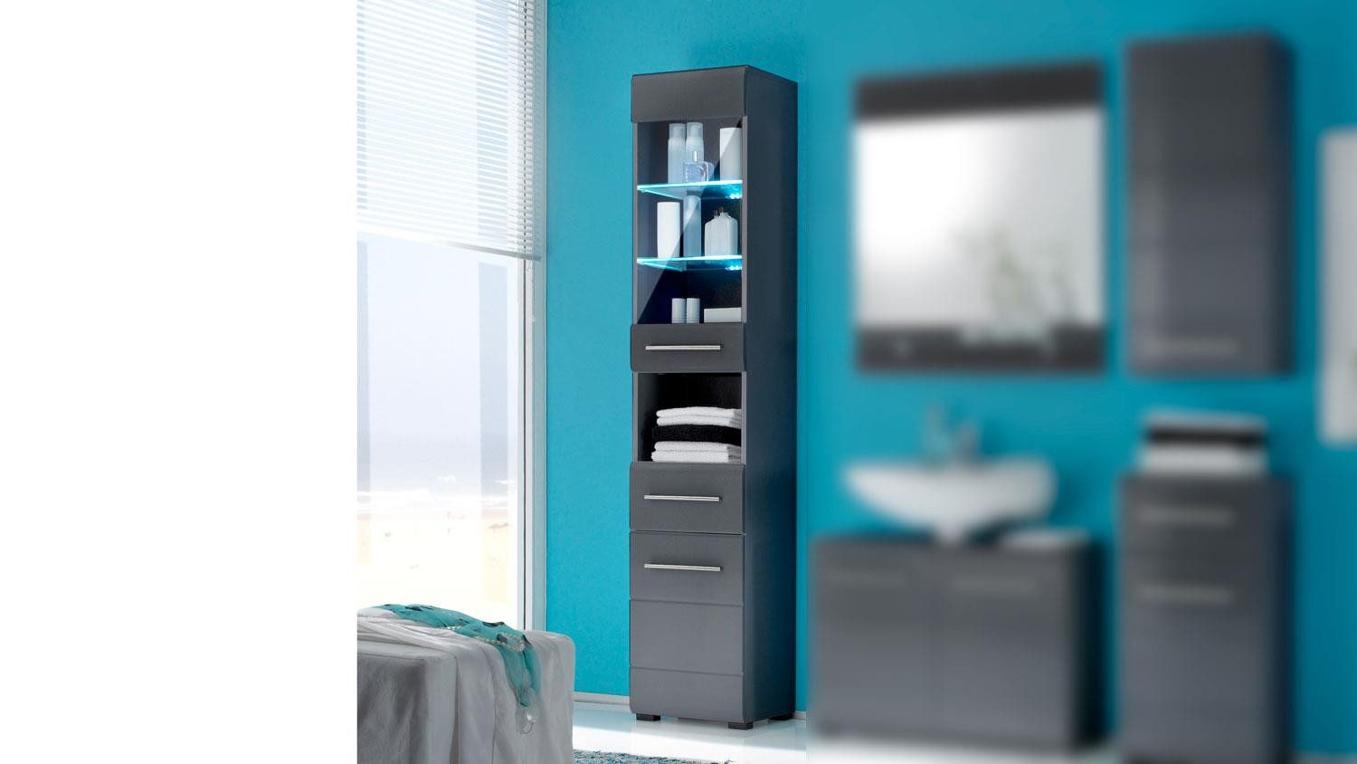 BEGA BBK Hochschrank Bad Hochschrank Badezimmer CHROME graumetallic Hochglanz LED