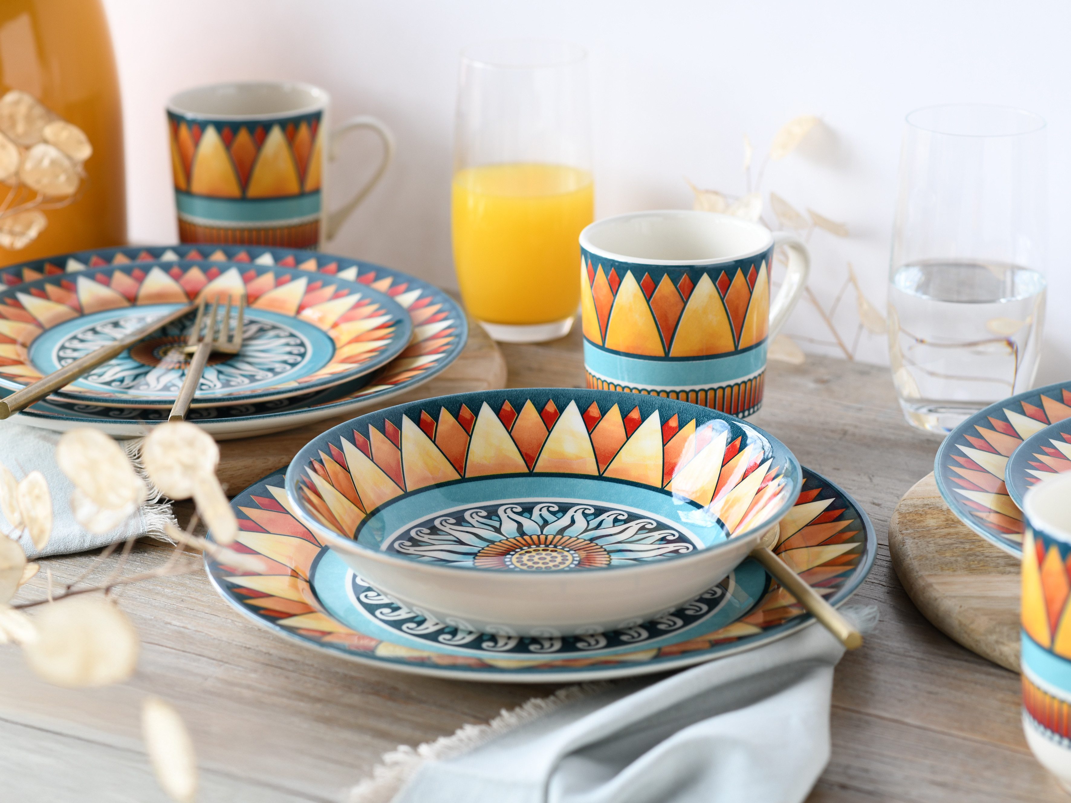 CreaTable Kombiservice Soleil (16-tlg), 4 Personen, Steingut, Sonnenmotiv