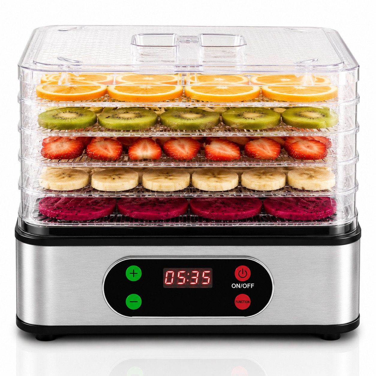 ibettertec Dörrautomat Dörrautomat Dörrgerät mit 5 Etagen, Dehydrator bis 72h-Timer 35-70°C 350 W, 5 Etagen, BPA-frei, Spülmaschinengeeignete Teile, für Obst, Gemüse, Fleisch