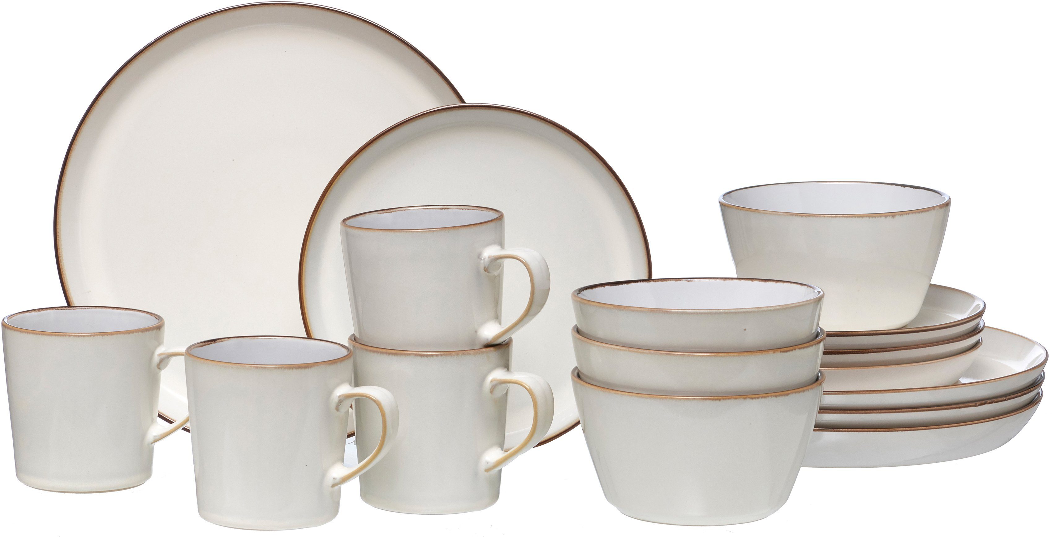 Ritzenhoff & Breker Kombiservice Geschirr-Set, Service Visby, 16tlg, Weiß (16-tlg), 4 Personen, Steinzeug, jedes Stück ein Unikat, 16 Teile, für 4 Personen