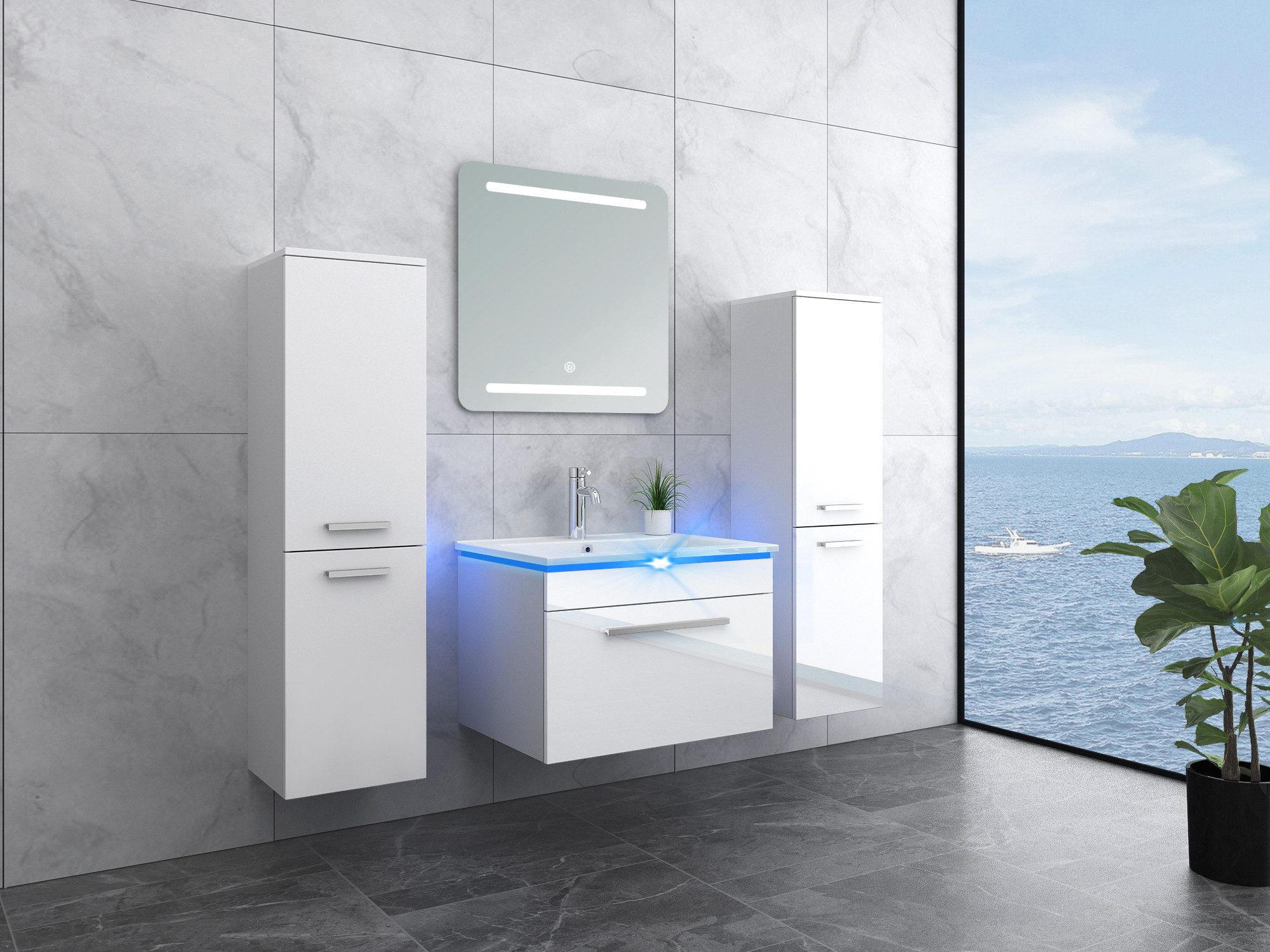 Faizee Home Badmöbel-Set Moderne Badmöbel in Hochglanz Weiß – LED-Spiegel & günstig online kaufen