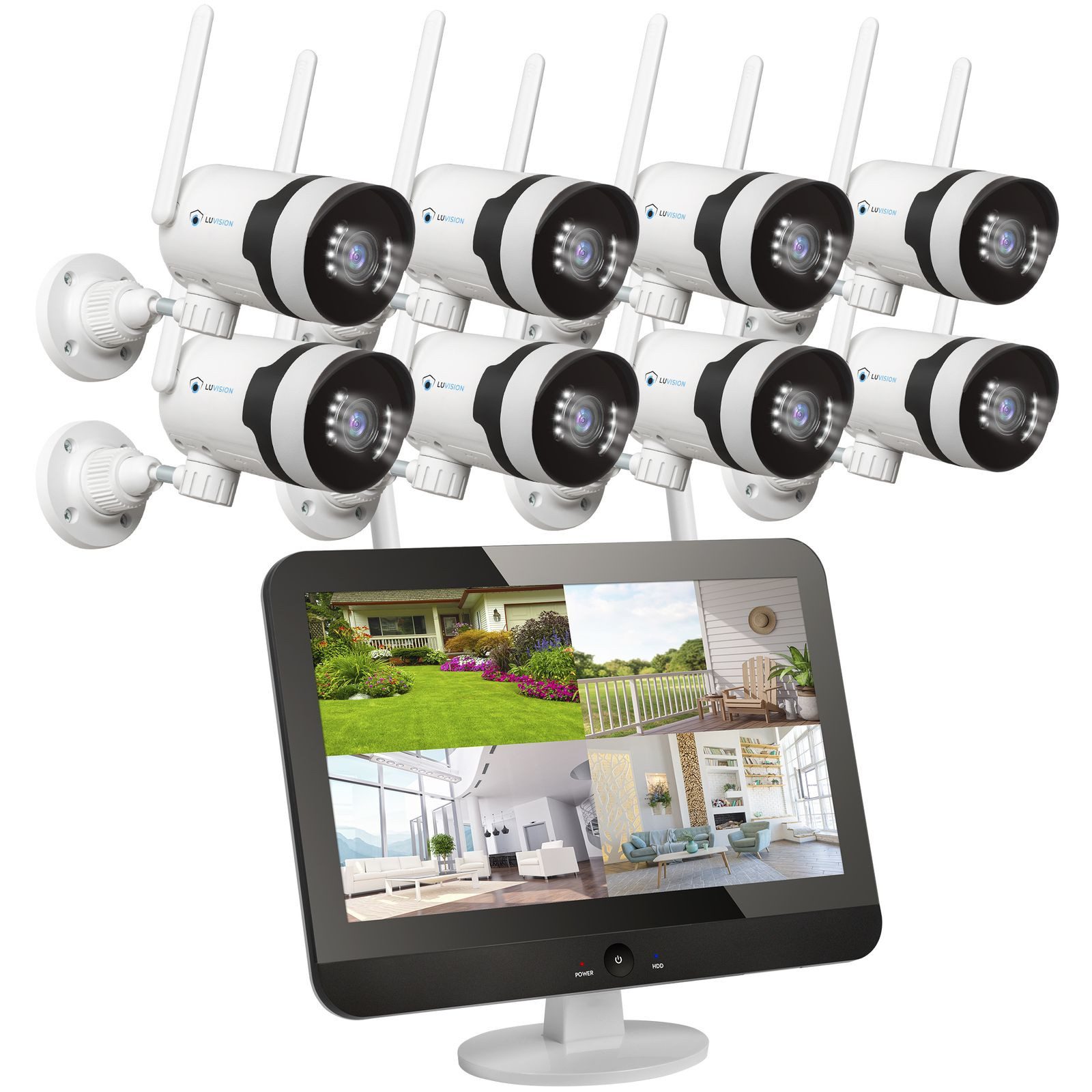 LUVISION Überwachungskamera Dual WLAN PTZ Überwachungssystem 12,5" Monitor KI Bewegungsverfolgung (Außen- und Innenbereich, 8-tlg., WLAN Funk Überwachungssystem mit Monitor 5MP Überwachungskamera Set, 2-Wege Audio, Mikrofon, NVR, Sirene, Nachtsicht, Autotracking)