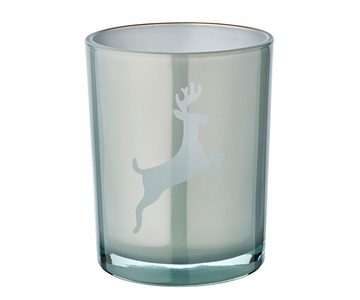EDZARD Windlicht Loki right, Windlicht, Kerzenglas mit Rentier-Motiv in Grau-Weiß, Teelichtglas für Teelichter, Höhe 13 cm, Ø 10 cm