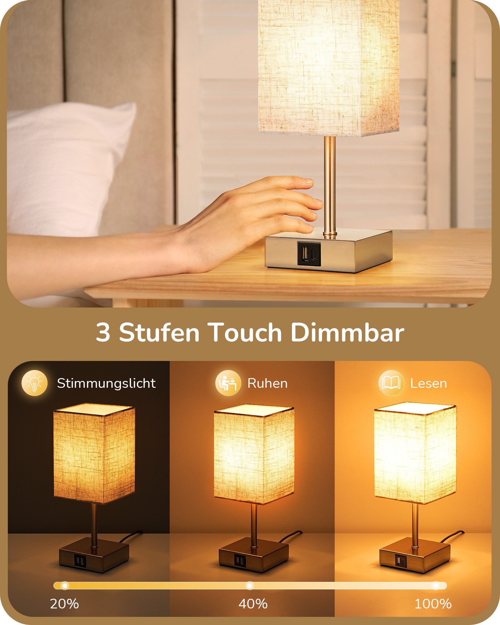 EDISHINE LED Nachttischlampe 2er-Set Schreibtischlampe Touch Dimmbar, Tischleuchten mit USB, LED wechselbar, warmweiß, kleine Tischlampe mit Ladefunktion für Fensterbank, Geschenk