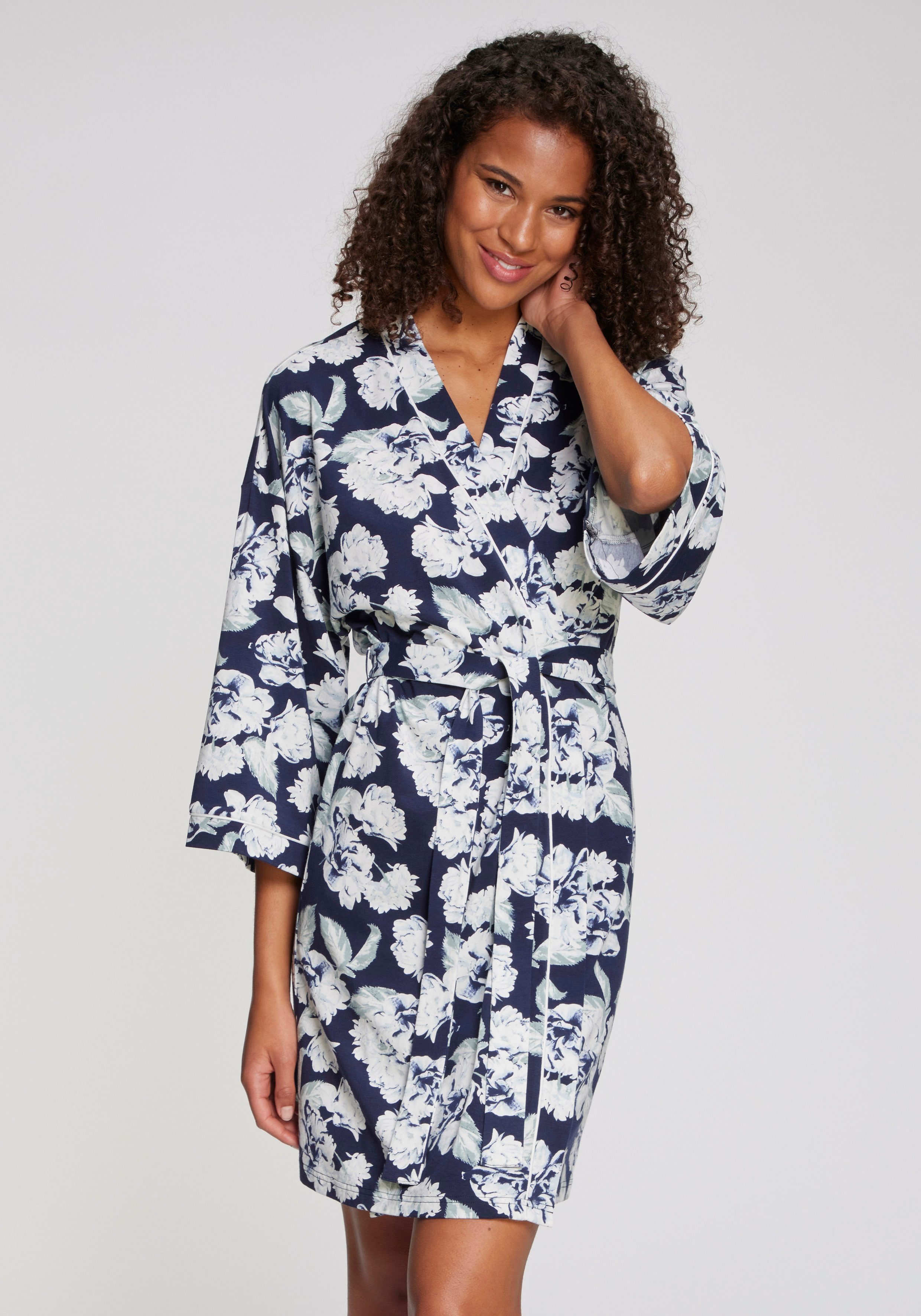 LASCANA Kimono, Kurzform, Baumwoll-Mix, Kimono-Kragen, Gürtel, mit schönem Blumenmuster