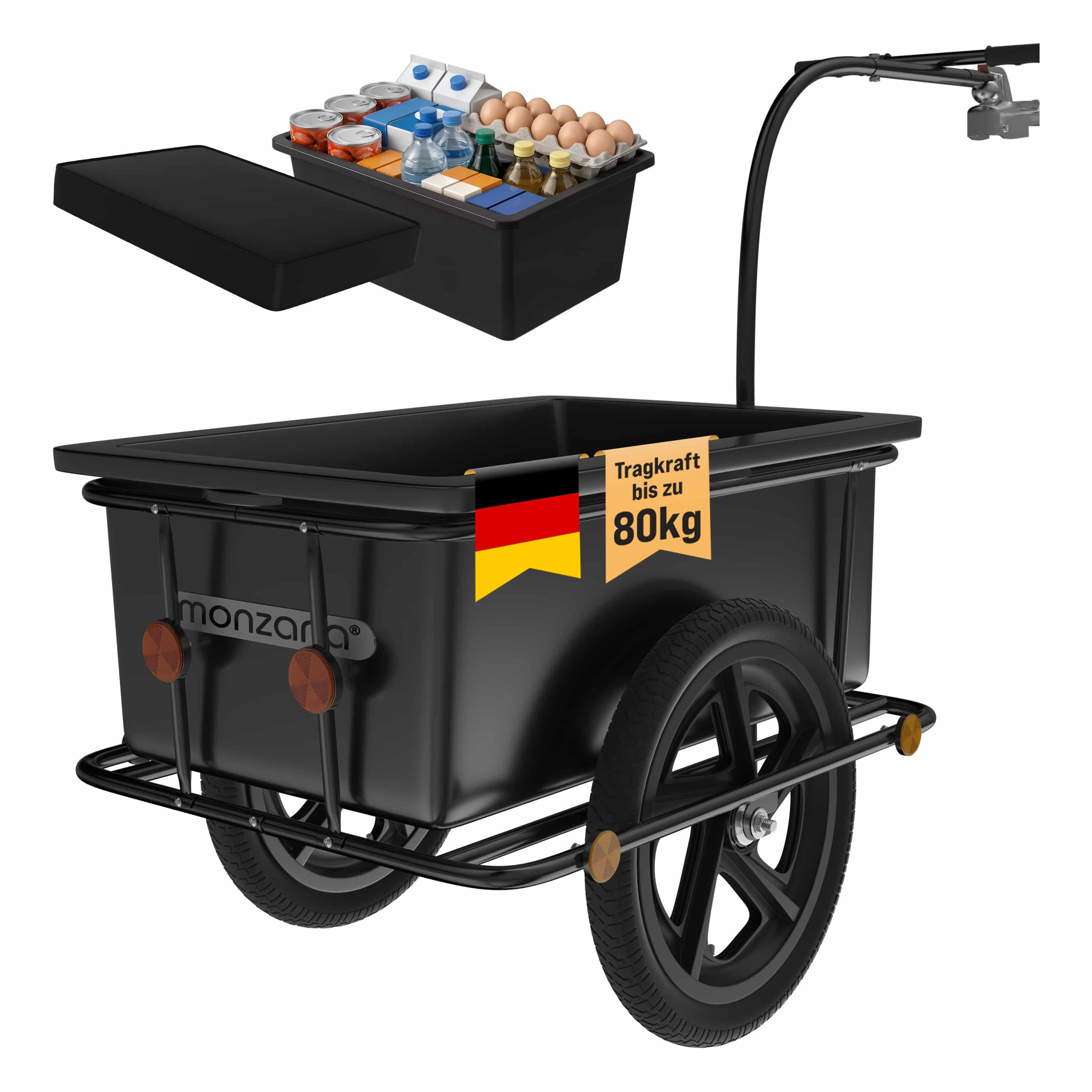 monzana Fahrradlastenanhänger, Fahrradanhänger mit 90L Kunststoffwanne inklusive Kupplung