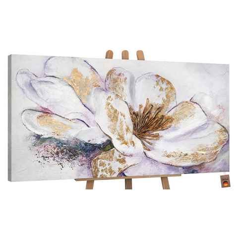 YS-Art Gemälde Goldene Pfingstrose, Blumen, Leinwand Bild Handgemalt Blumen Pfingstrosen Lila Gold