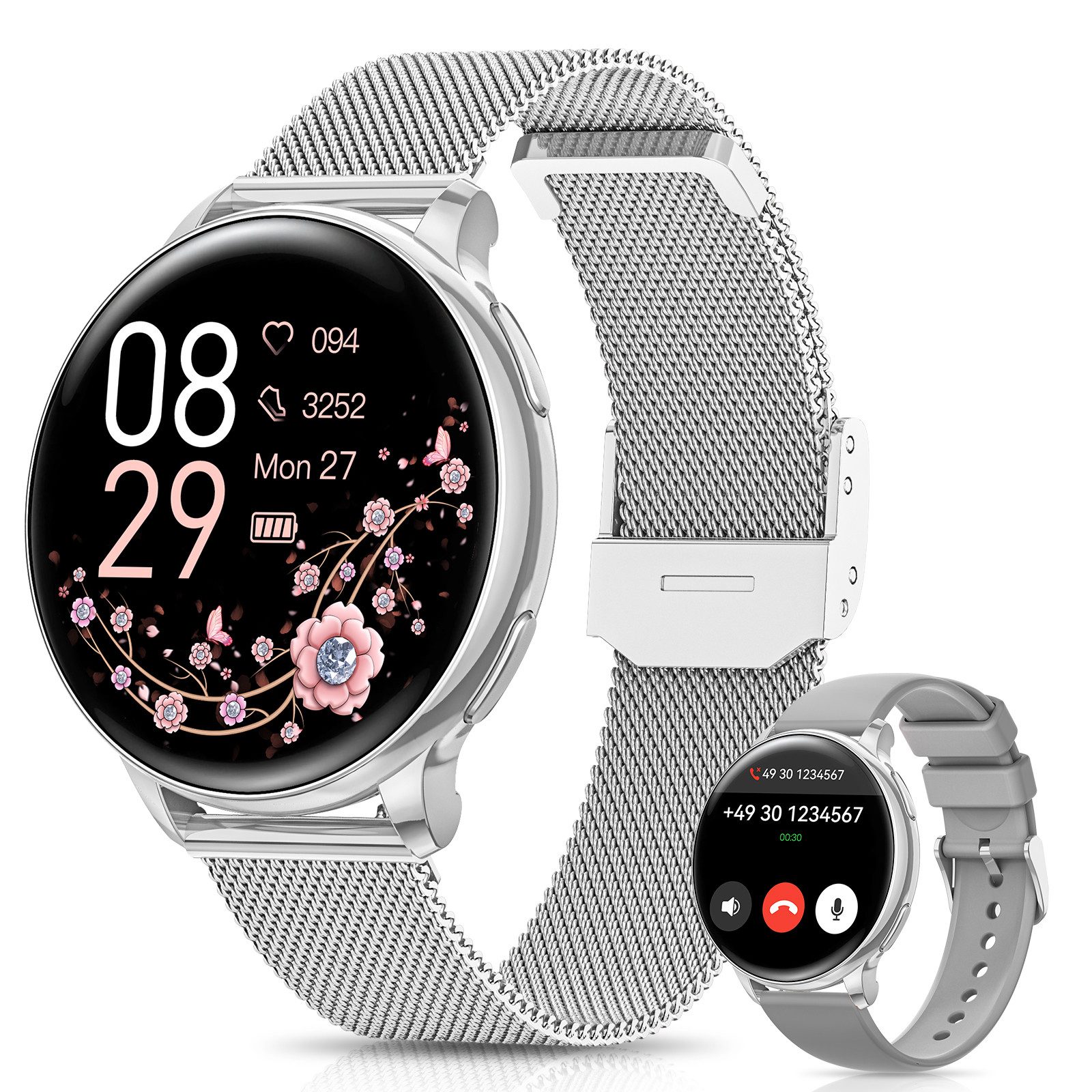 FOSMET 2025 Neue Smartwatch Damen,1.27" AMOLED,Bluetooth-Anruffunktion Smartwatch (3.23 cm) Pulsuhr,Schlafmonitor,SpO2, Fitnessuhr Damen, Sportuhr, Watch, IP68/mit Herzfrequenz/SpO2/Blutdruck/Schlafüberwachungsfunktion