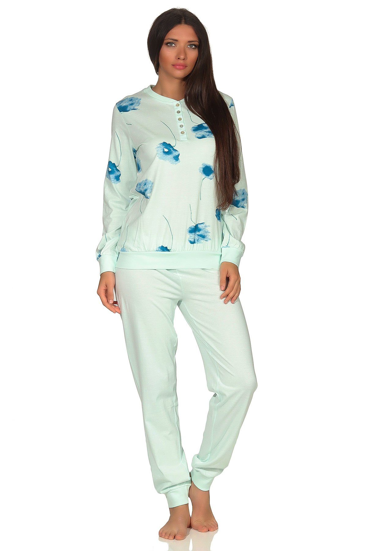 Normann Pyjama Damen Schlafanzug langarm mit Bündchen und Blumenprint - 291 193 helltürkis