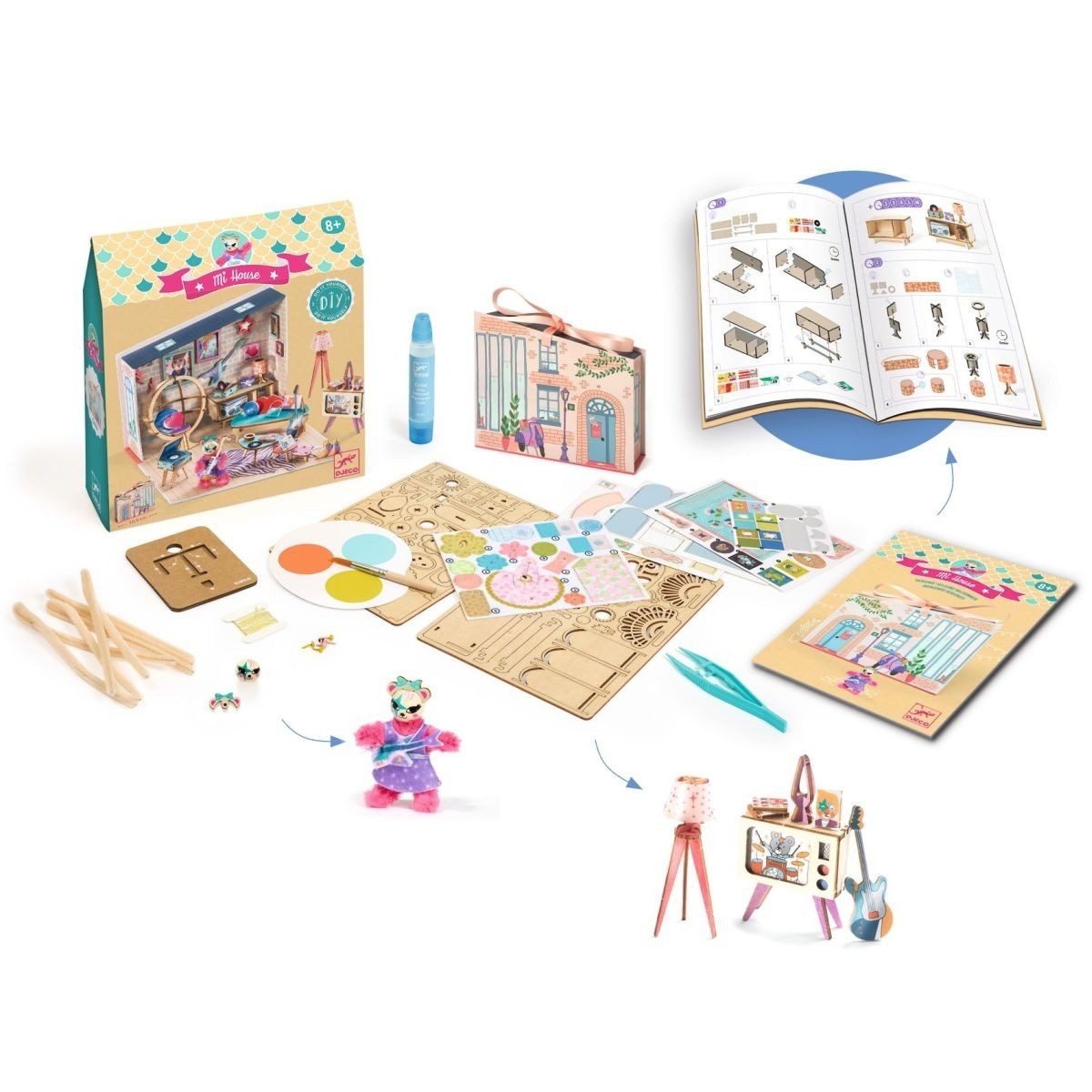 DJECO Kreativset Mi House Miniaturhaus Bastelset mit Möbeln, Figur & Aufbewahrung