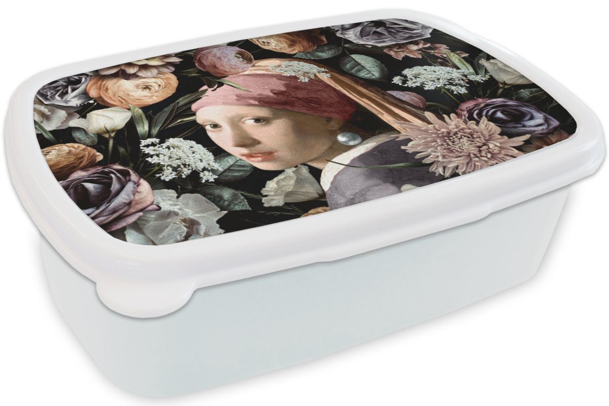 für - weiß (2-tlg), - Kunstwerk MuchoWow mit Kunststoff, Jungs Pastell Vermeer Mädchen Brotbox für Erwachsene, Perlenohrring Kinder Blumen Lunchbox Mädchen Brotdose, und - - und -,