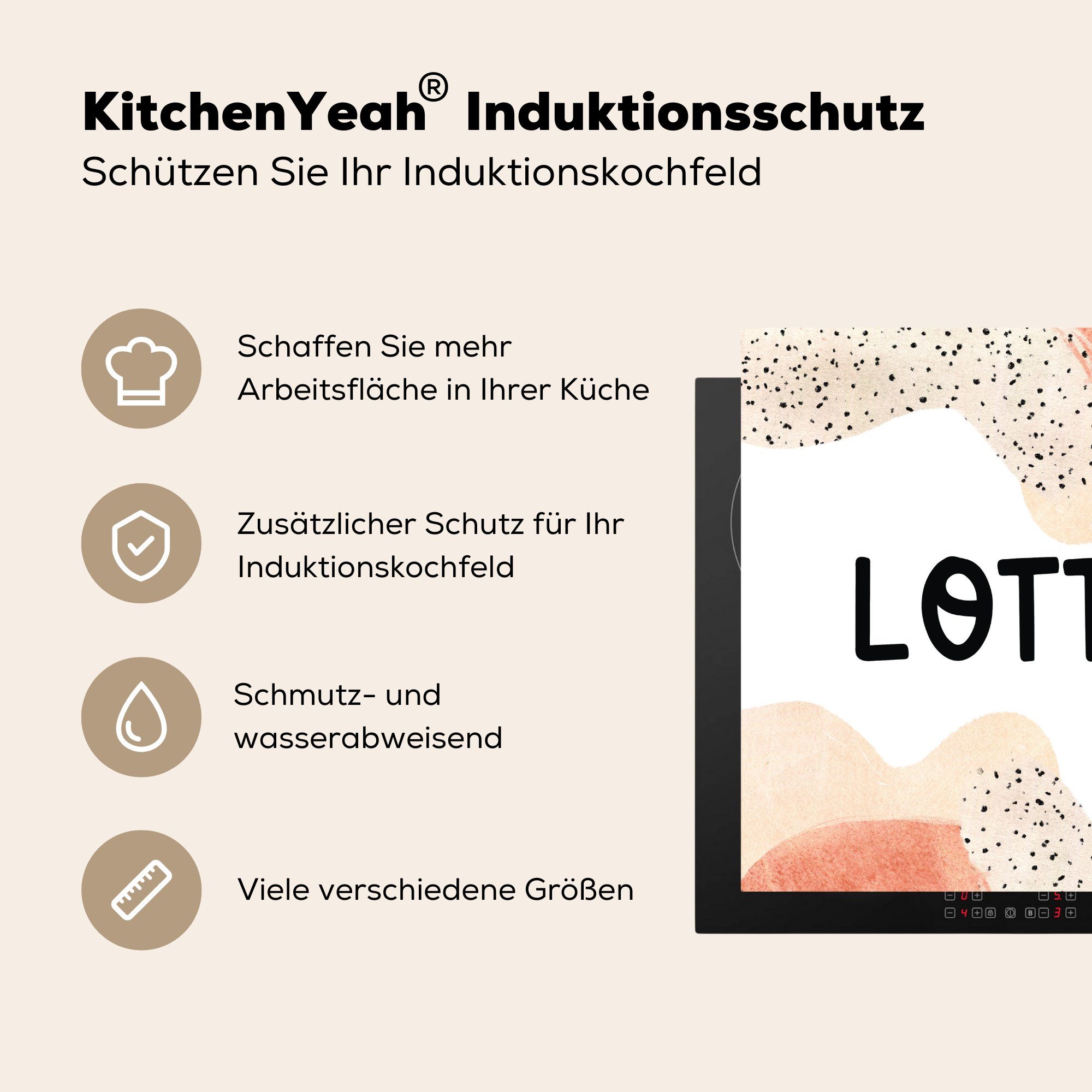 Lotte - küche für 78x78 - MuchoWow cm, Mädchen, (1 Pastell tlg), Herdblende-/Abdeckplatte Vinyl, Arbeitsplatte Ceranfeldabdeckung,