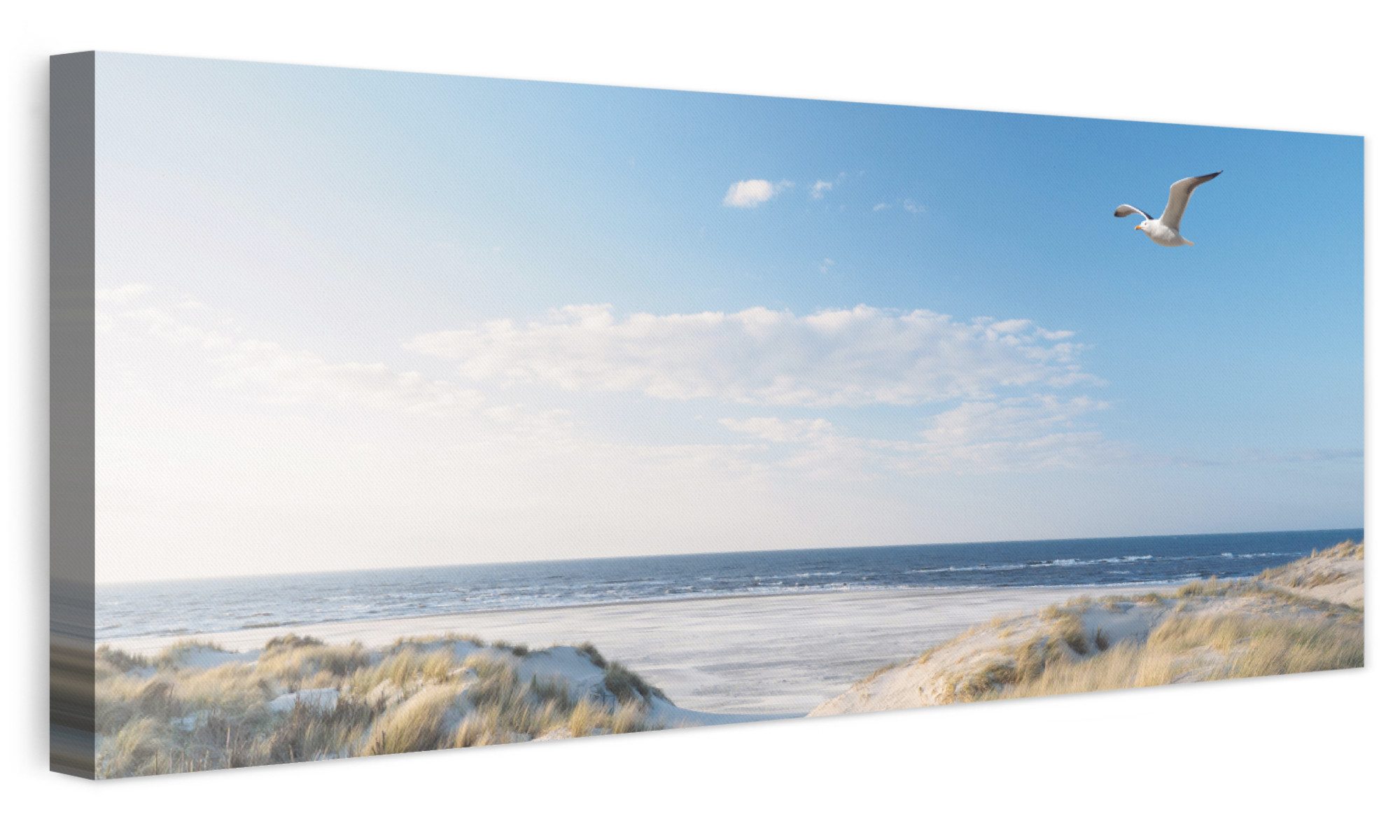 OneMillionCanvasses® Leinwandbild Panorama Düne - Möwe - Strand - Meer - Sonne, Fotodruck (1 St), Wandbild, Deko Schlafzimmer Wohnzimmer …