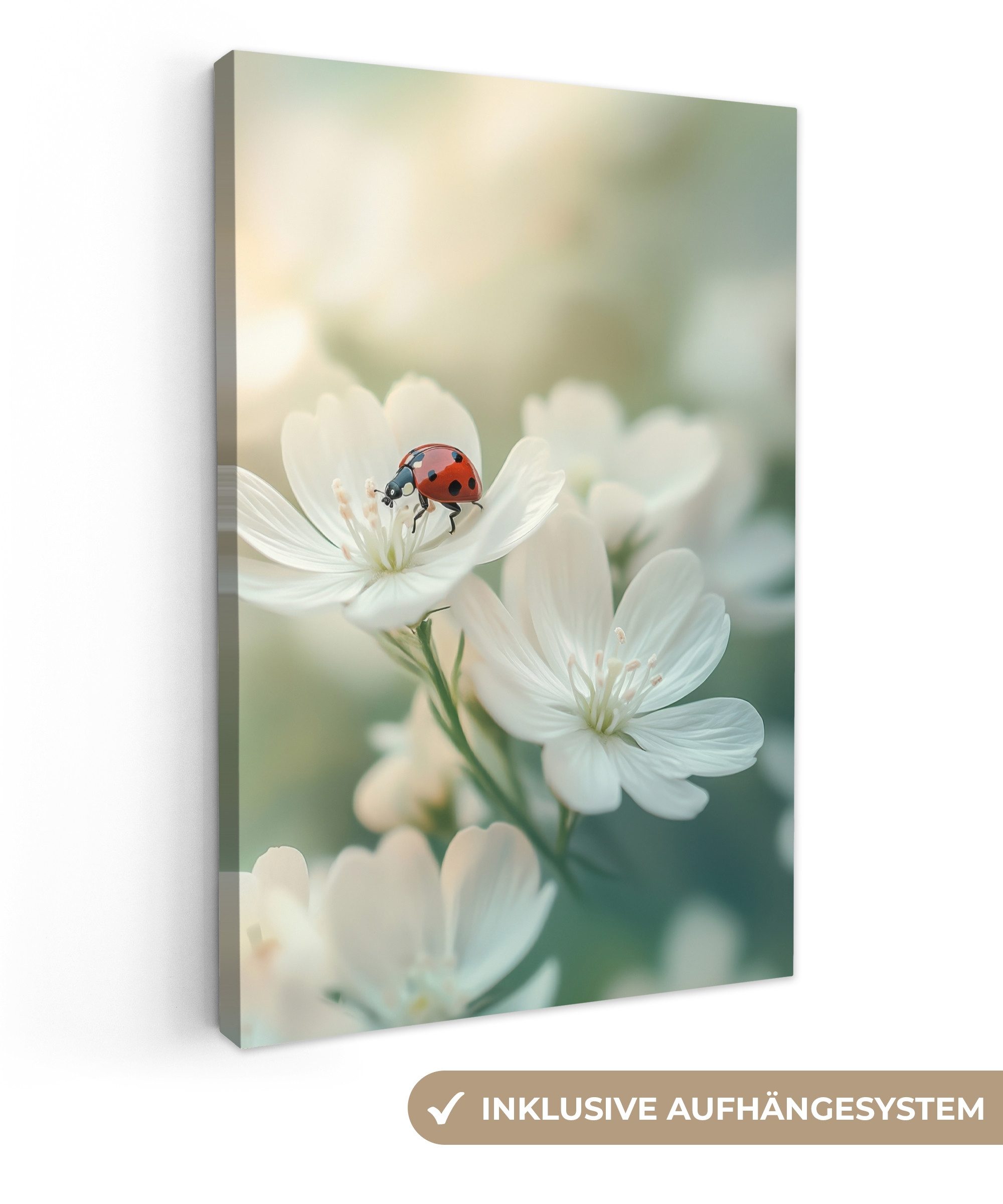 Leinwandbild Marienkäfer - Blumen - Weiß