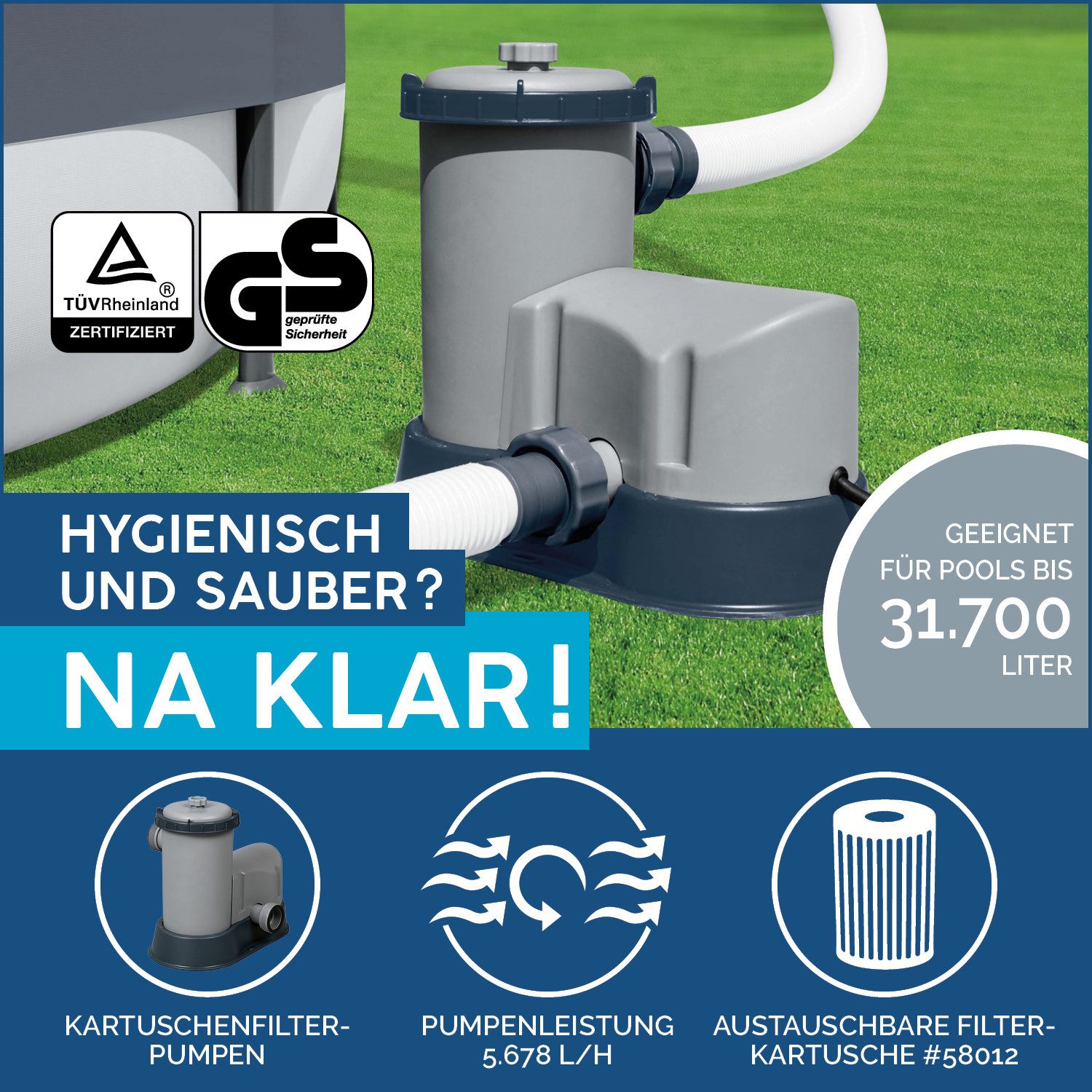 Bestway Framepool Power Steel™ Swim Vista Series™ (Set, Inkl. Filterpumpe, Sicherheitsleiter, Abdeckplane), 549 x 274 x 122 cm