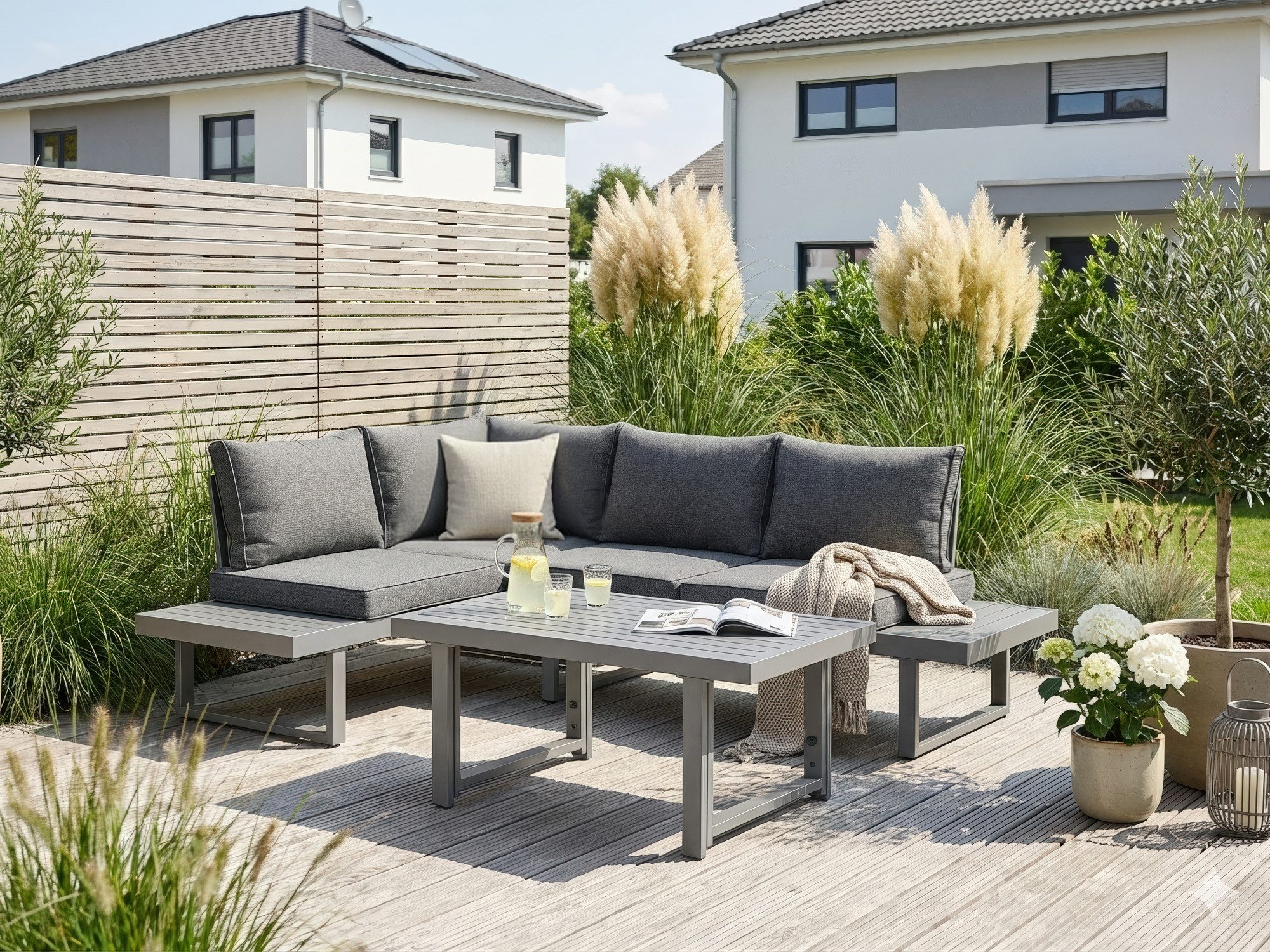 KONIFERA Gartenlounge-Set Hamburg, (Set, 14-tlg., Tisch:100x60x60/40cm,abnehmbare Rückenlehnen,individuell aufstellbar), höhenverstellbarer Tisch, inkl. Schutzhülle, Aluminiumgestell