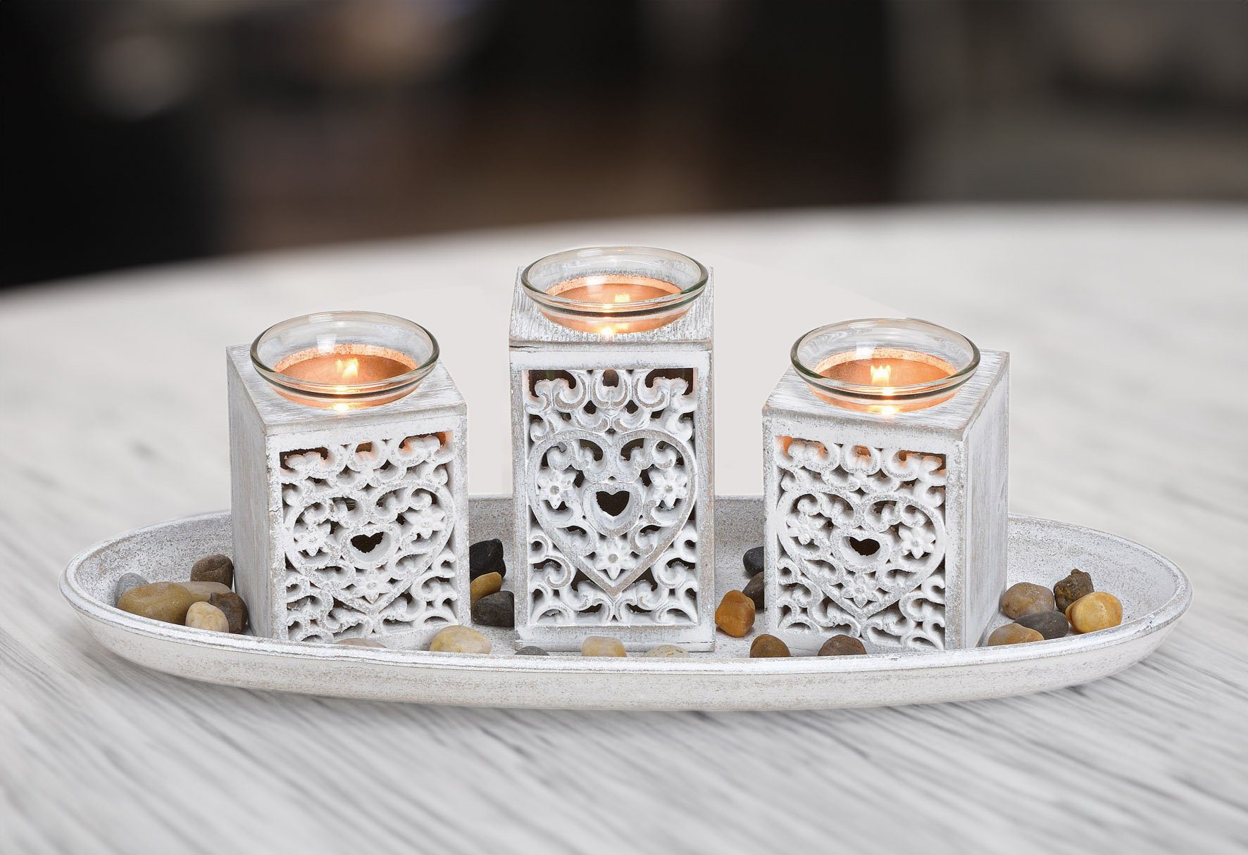 Spetebo Kerzentablett Teelichthalter Deko Set 8-teilig - shabby weiß (Set, 8 St., Komplettset)