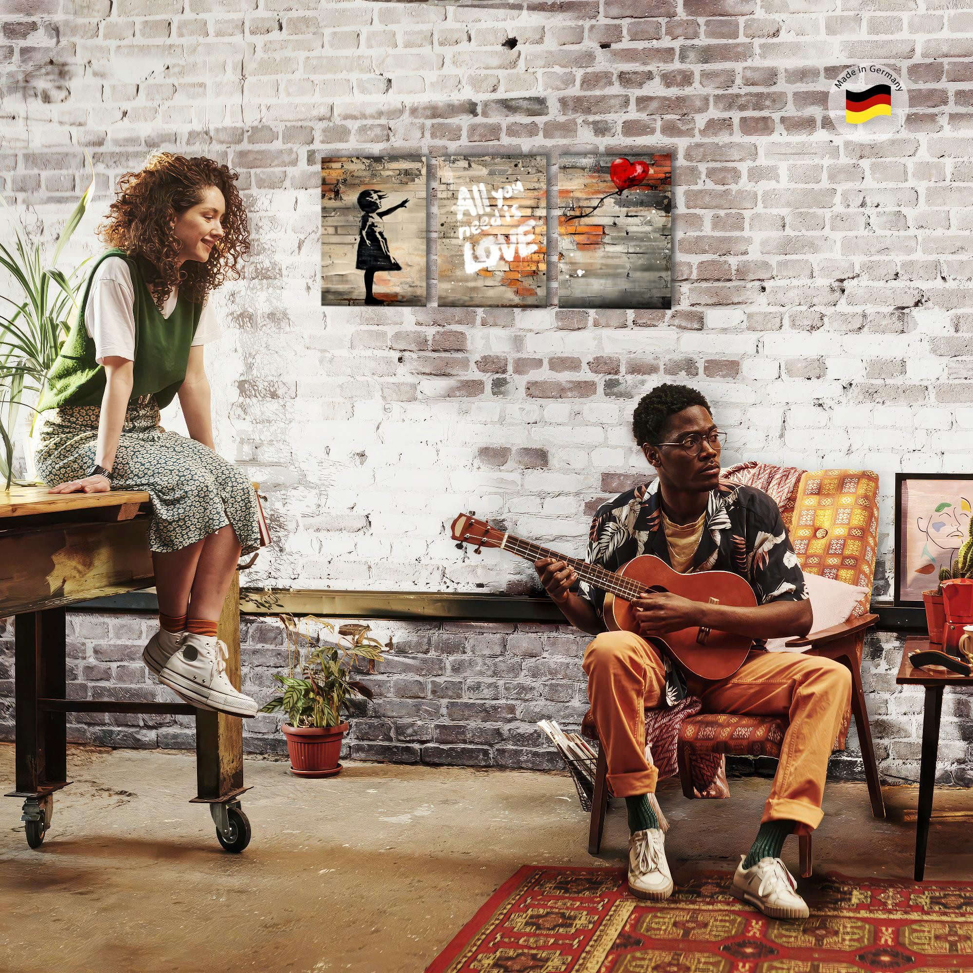 Novart Wandbild Set Banksy Style Collage 3 Bilder Wohnzimmer Streetart, Balloon Girl – Bild 4 von 5