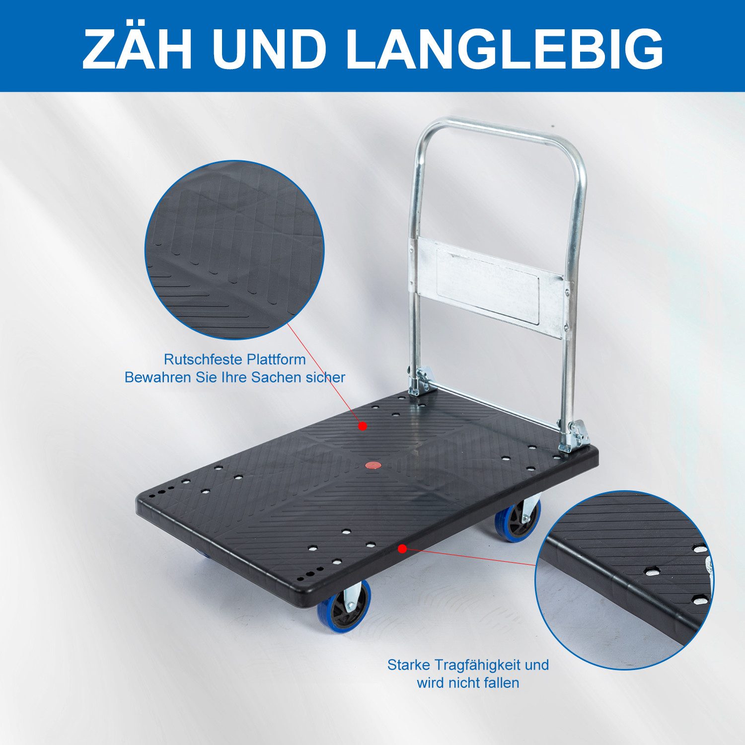 FOXSPORT Transportwagen klappbar, Plattformwagen, Transportroller, Handwagen, Klappwagen, Einklappbarer 90° Handgriff, Belastbar bis 250 kg, Ladefläche 90x60 cm