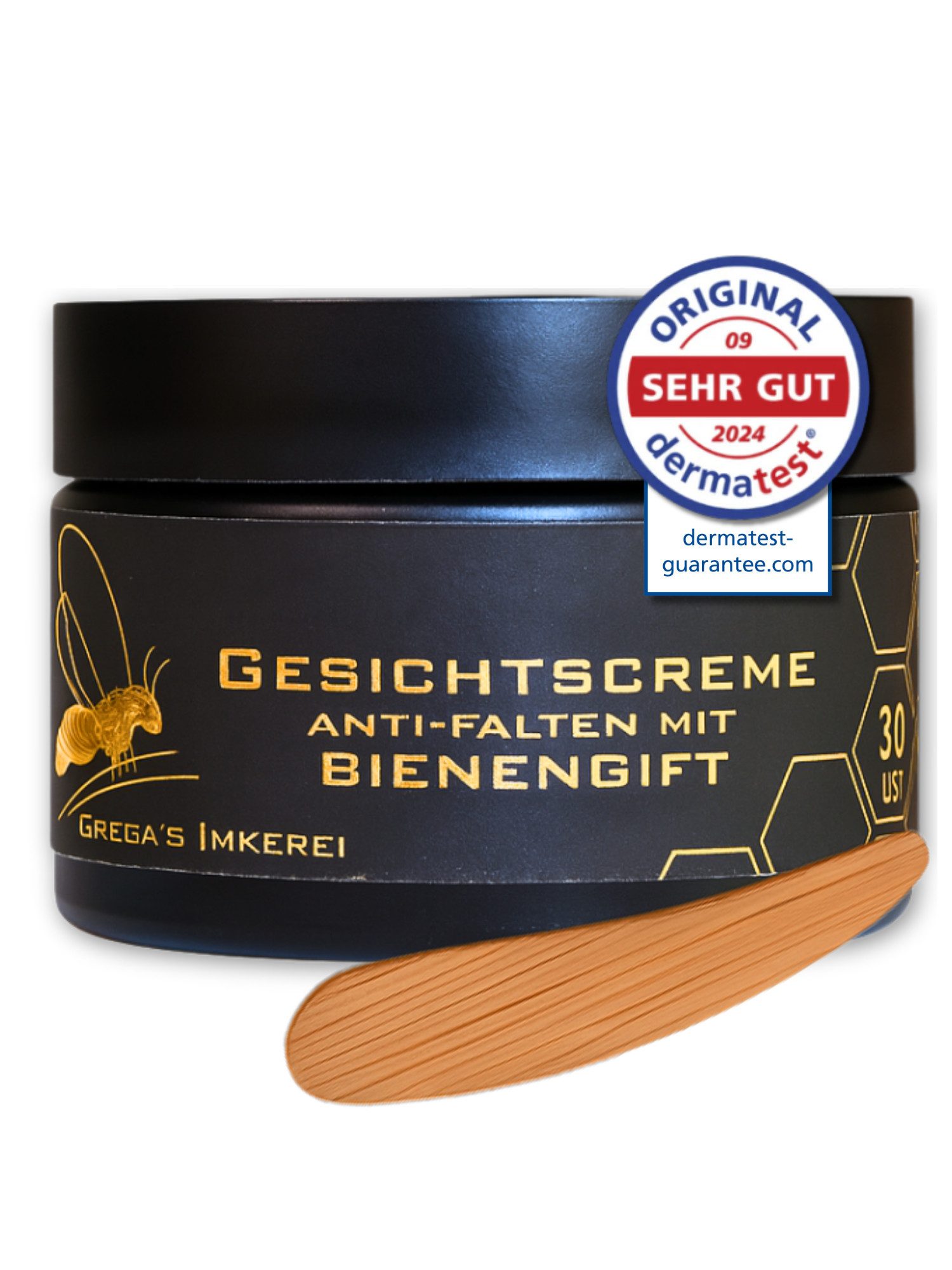 Grega´s Imkerei Anti-Aging-Creme Bienengift Manuka Hyaluron Creme 50 ml im Derma Test „Sehr gut“ Hochdosiert (entspricht ca. 200 Bienenstichen), 1-tlg., 50 ml Glastiegel inkl. Massivholz Cremspatel