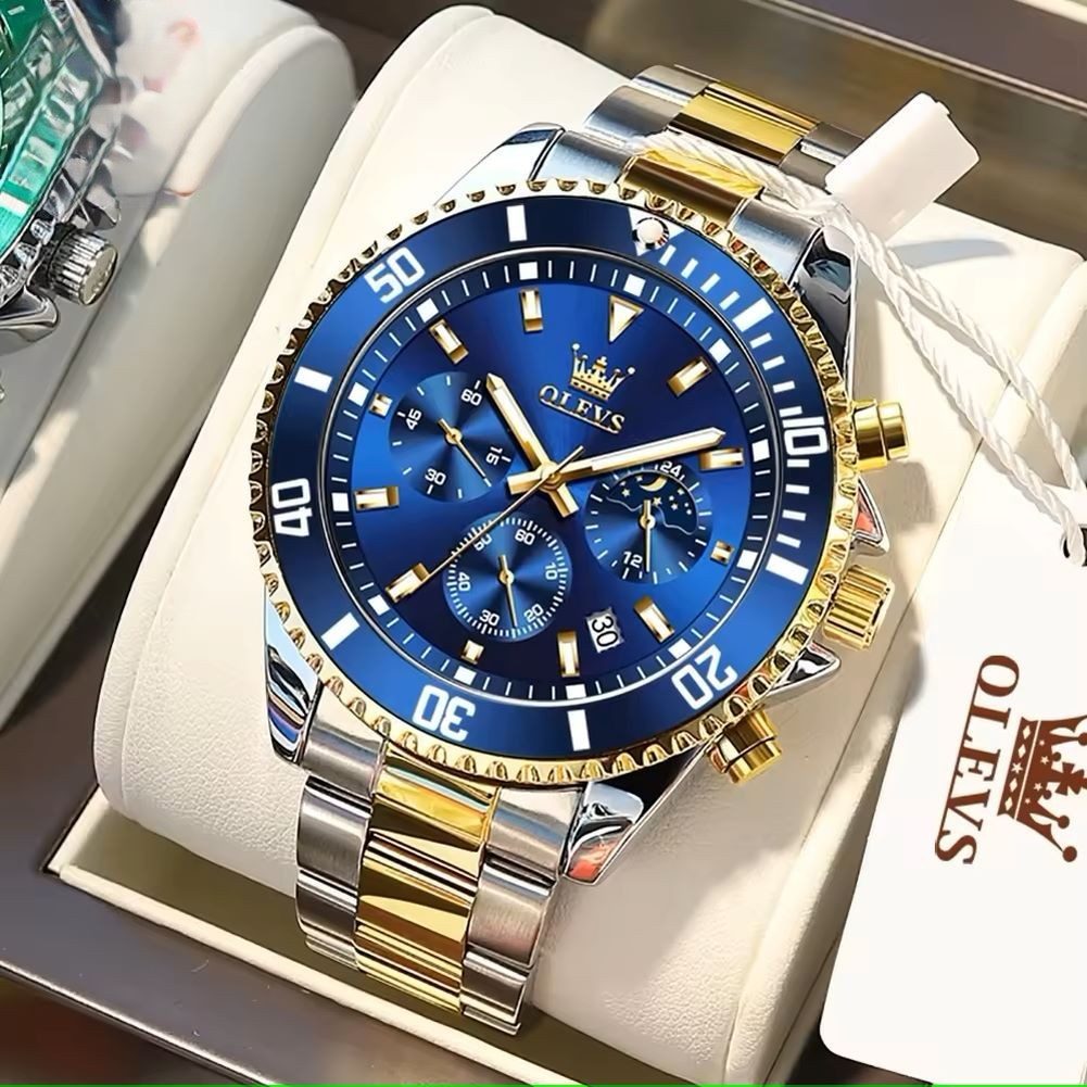 OLEVS Quarzuhr Herren-Uhr Olevs Chronograf Blau Zifferblatt Quarz Edelstahl Bicolor