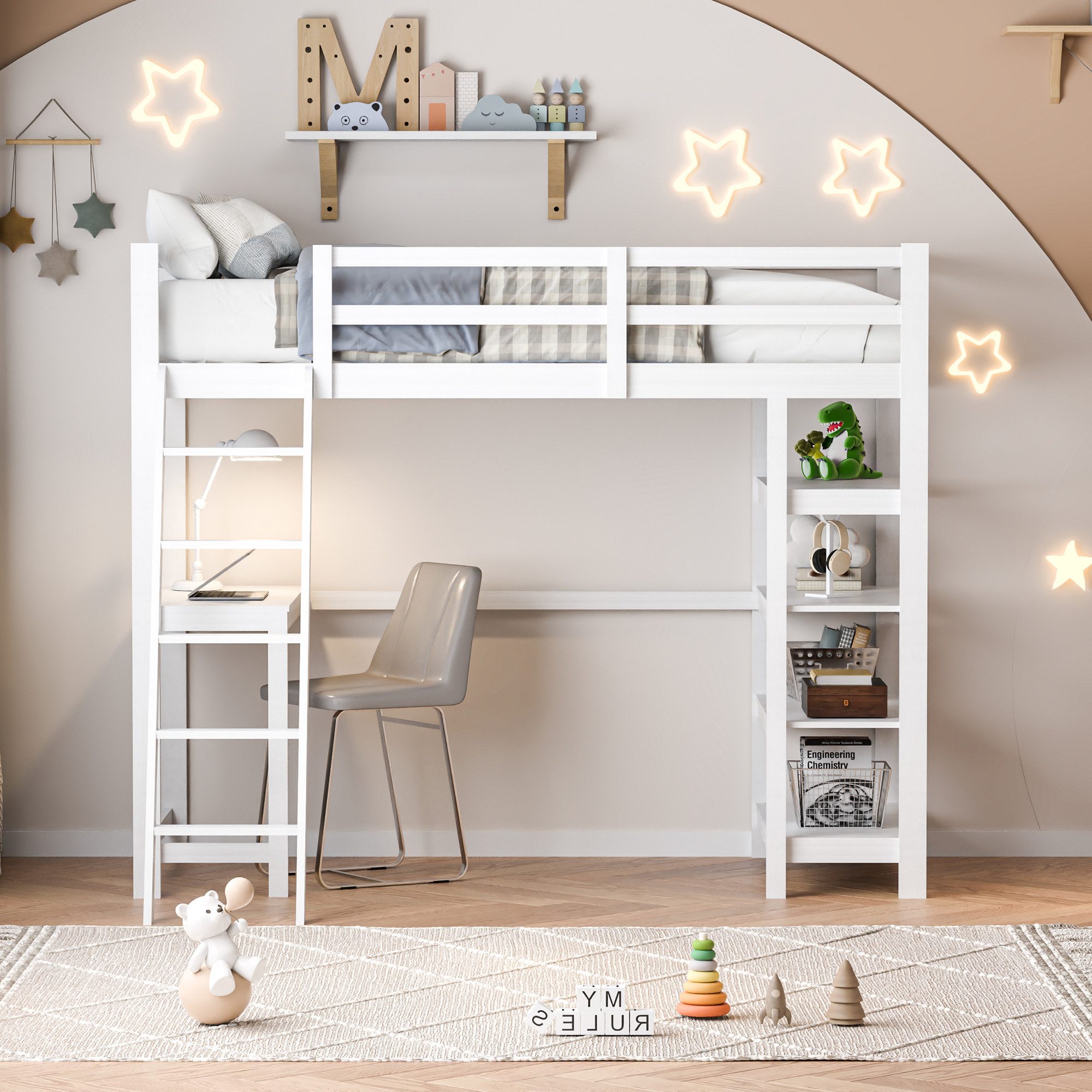 Gdood Loft Bed, Storage Bed, Double Bed (1-pc., Incl. Slatted Frame, Safety Rail) Wooden Bed with Stairs, Recreation Area, Storage Space, 90x200 cm