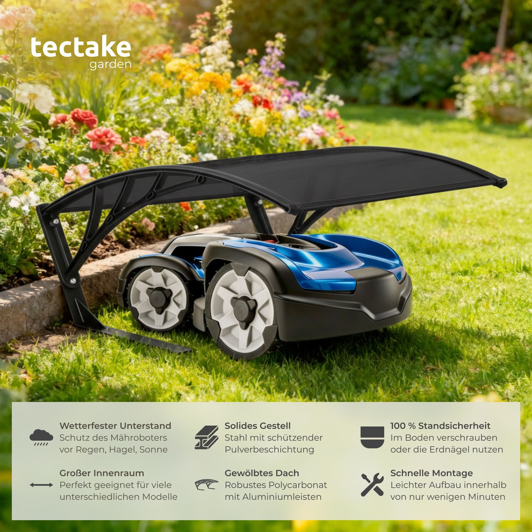 tectake Mähroboter-Garage Rasenmäher-Roboter-Garage Inkl. 4 Erdnägeln, 81 x 100 x 48 cm, für Rasenmäher, (Mähroboter-Unterstand Domus, 81 x 100 x 48 cm), Dach aus UV-beständigem Polycarbonat und Aluminium