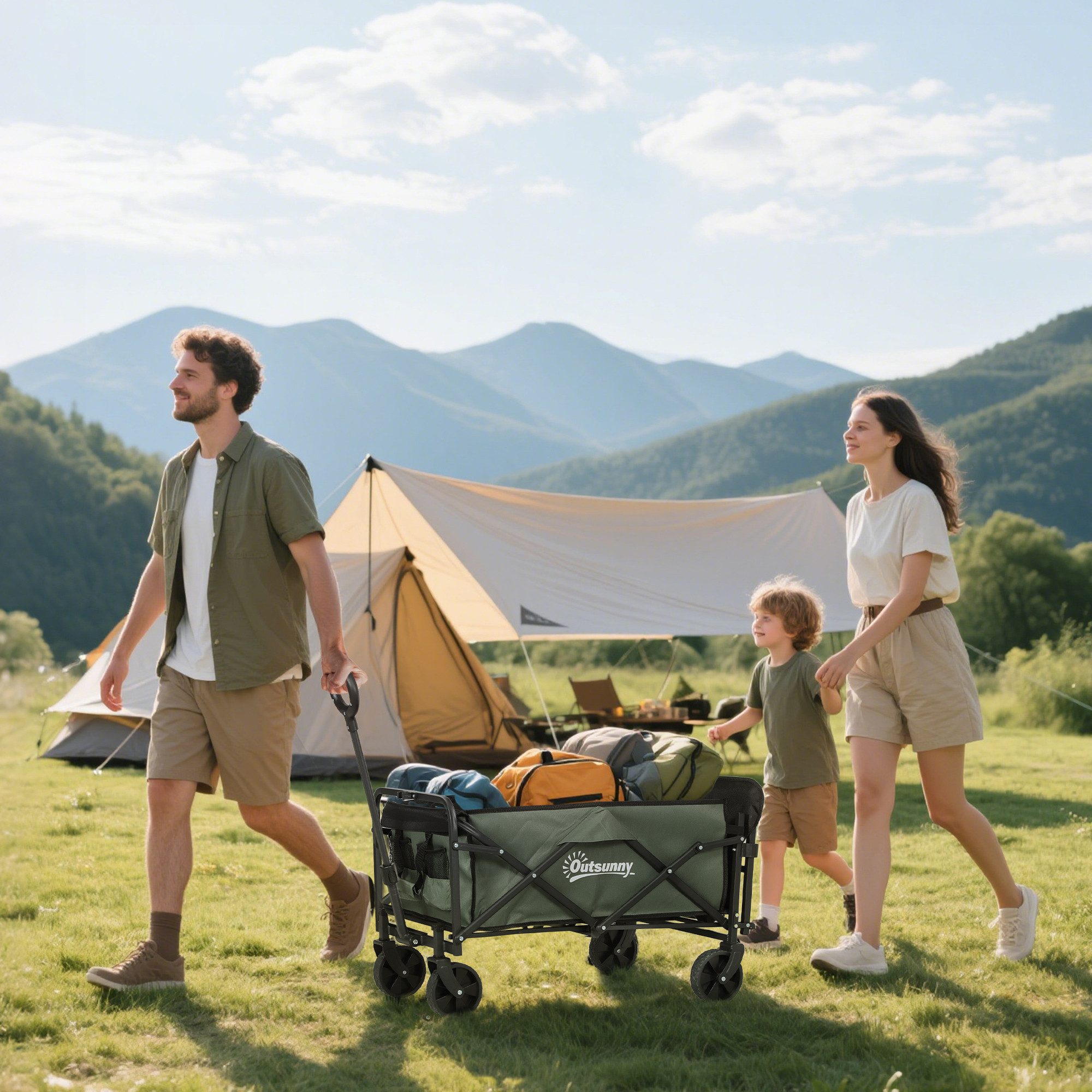 Outsunny Bollerwagen klappbar, mit herausnehmbare Plane, Griff, Rädern, Lenkachse (Gartenwagen 90 kg belastbar, 1-tlg., Transportwagen), 72 Liter Gerätewagen für Haus Garten, Grün